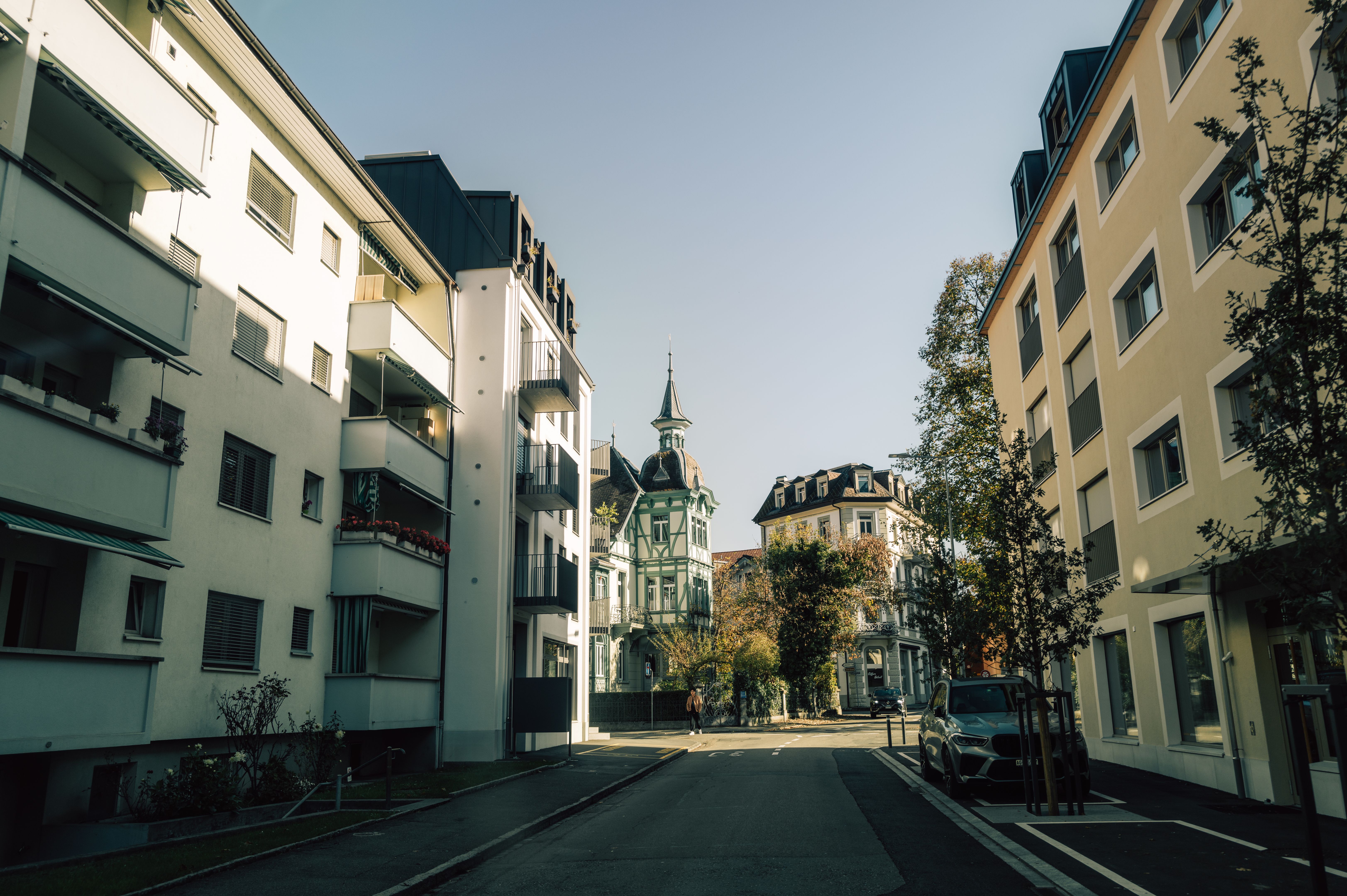 Residential street with colorful buildings in lucerne, switzerland