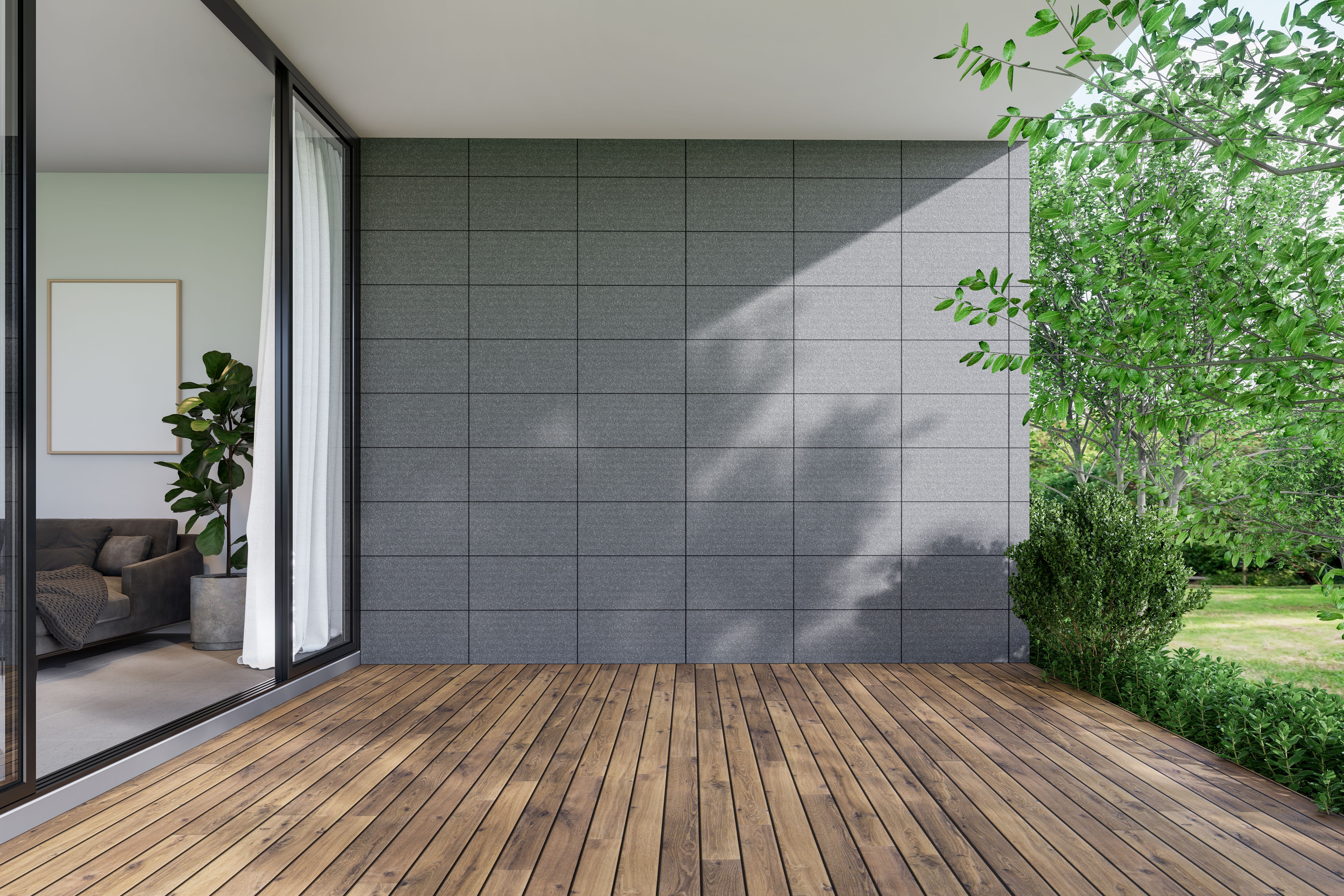 Modern contemporary style wooden terrace with blank concrete tile wall for copy space 3d render