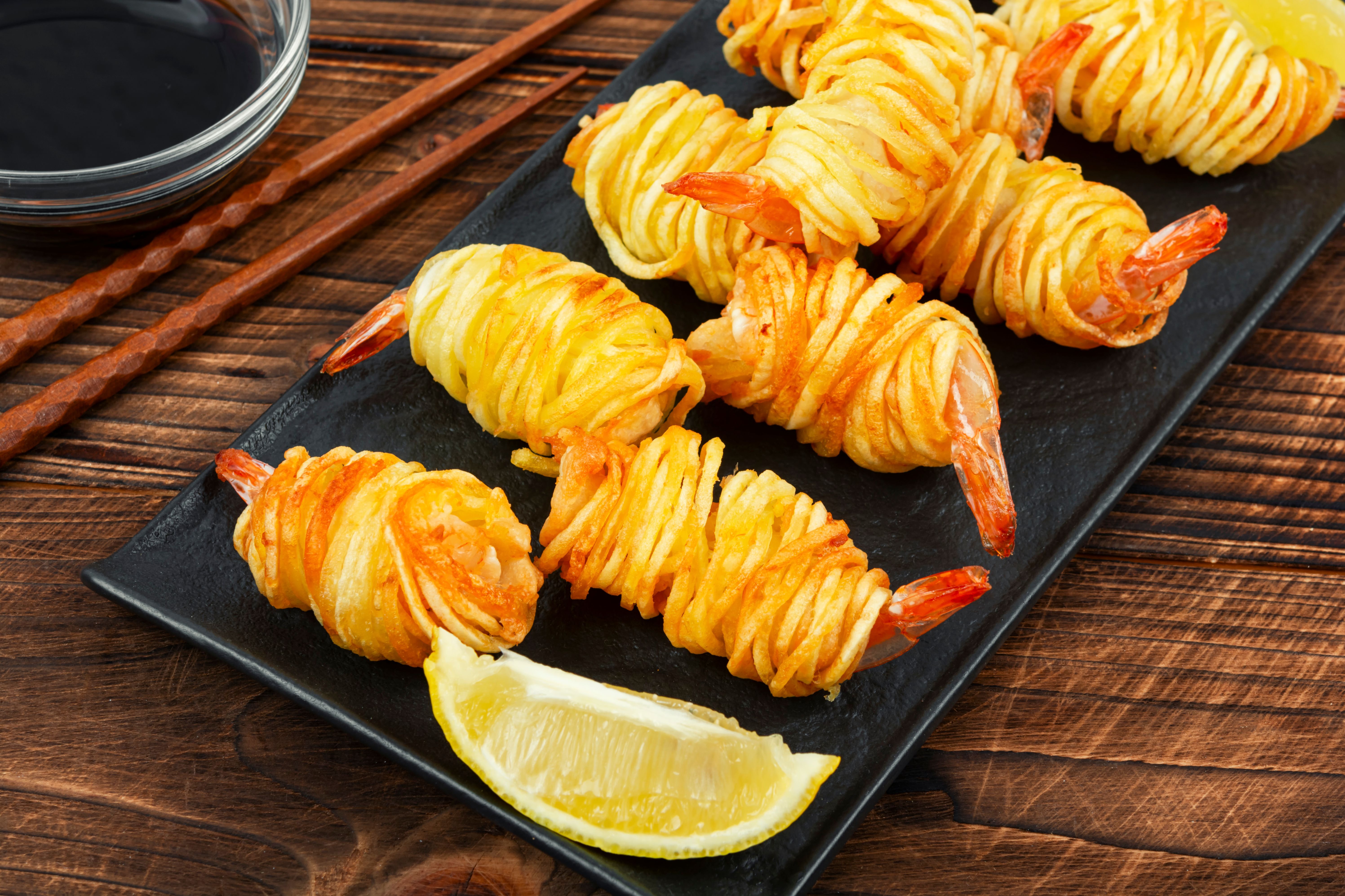 Grilled shrimp potato rolls.
