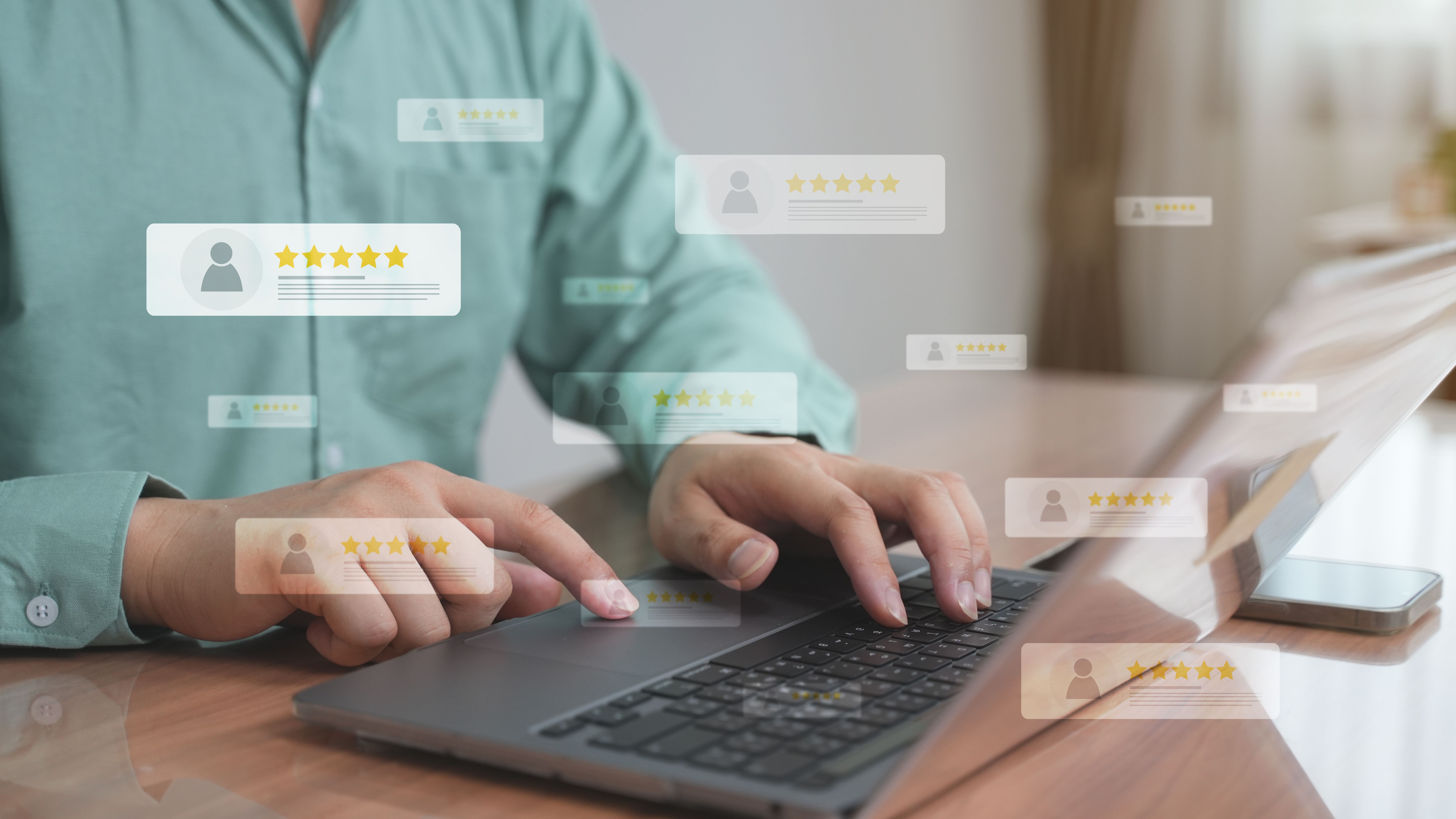 Customer review good rating concept, hand pressing user and five star icon on visual screen for positive customer feedback, testimonial and testimony, user comment and feedback for review.