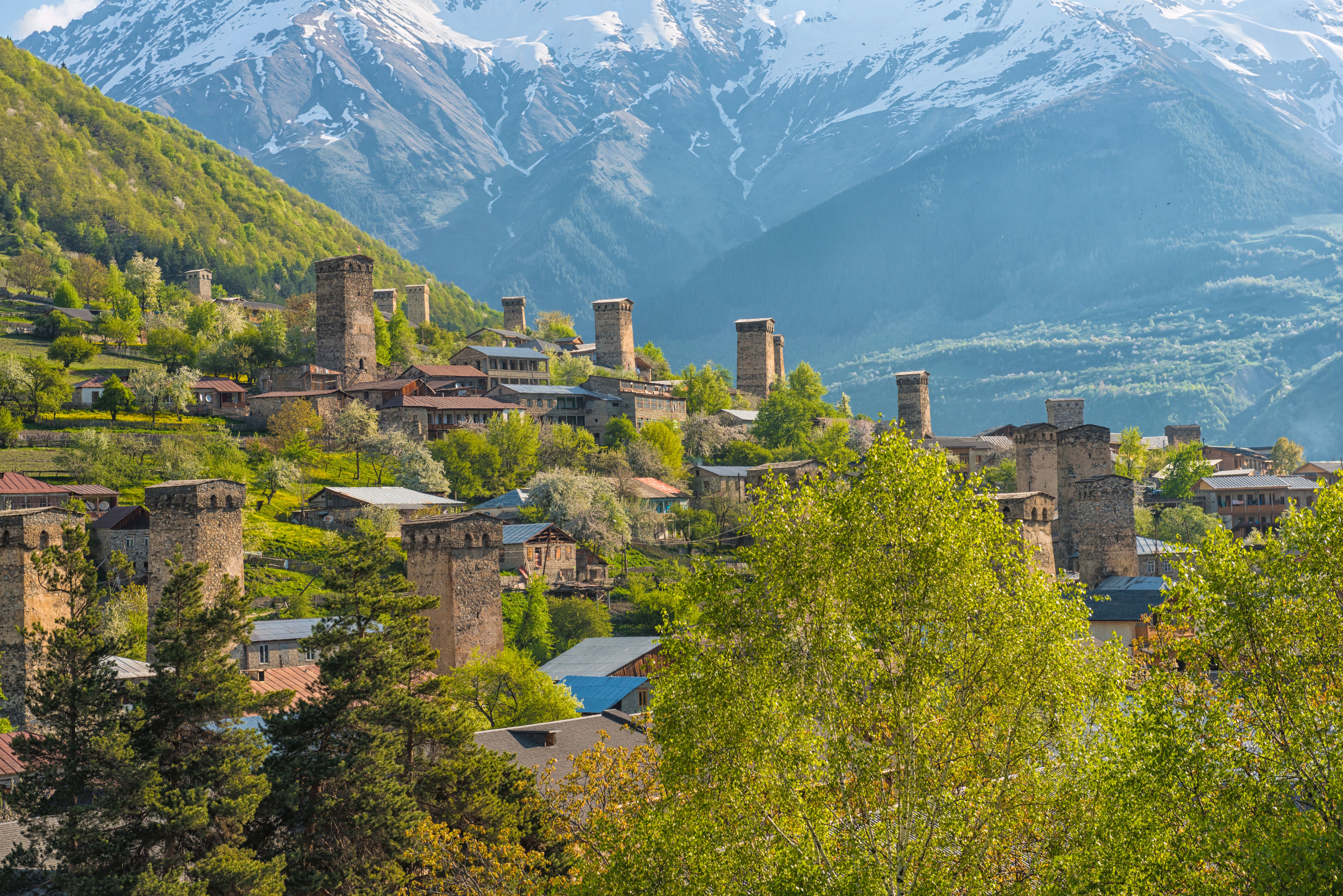 Defensive towers in Mestia in Samegrelo-Zemo Svaneti region Defensive towers in Mestia in Samegrelo-Zemo Svaneti region