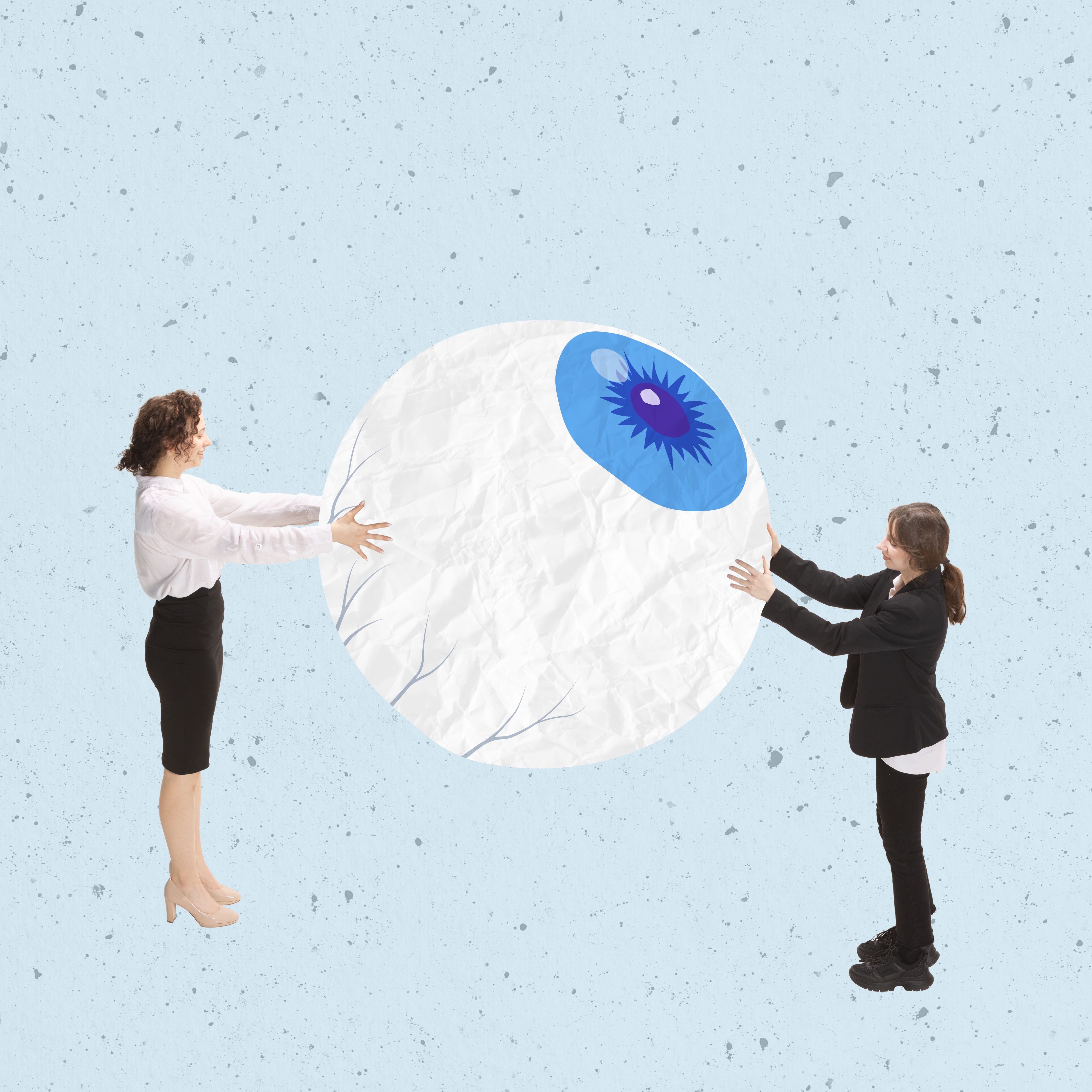 Contemporary art collage. Women, office workers, programmers holding giant eye, symbolising development of artificial intelligence Contemporary art collage. Women, office workers, programmers holding giant eye, symbolising development of artificial intelligence