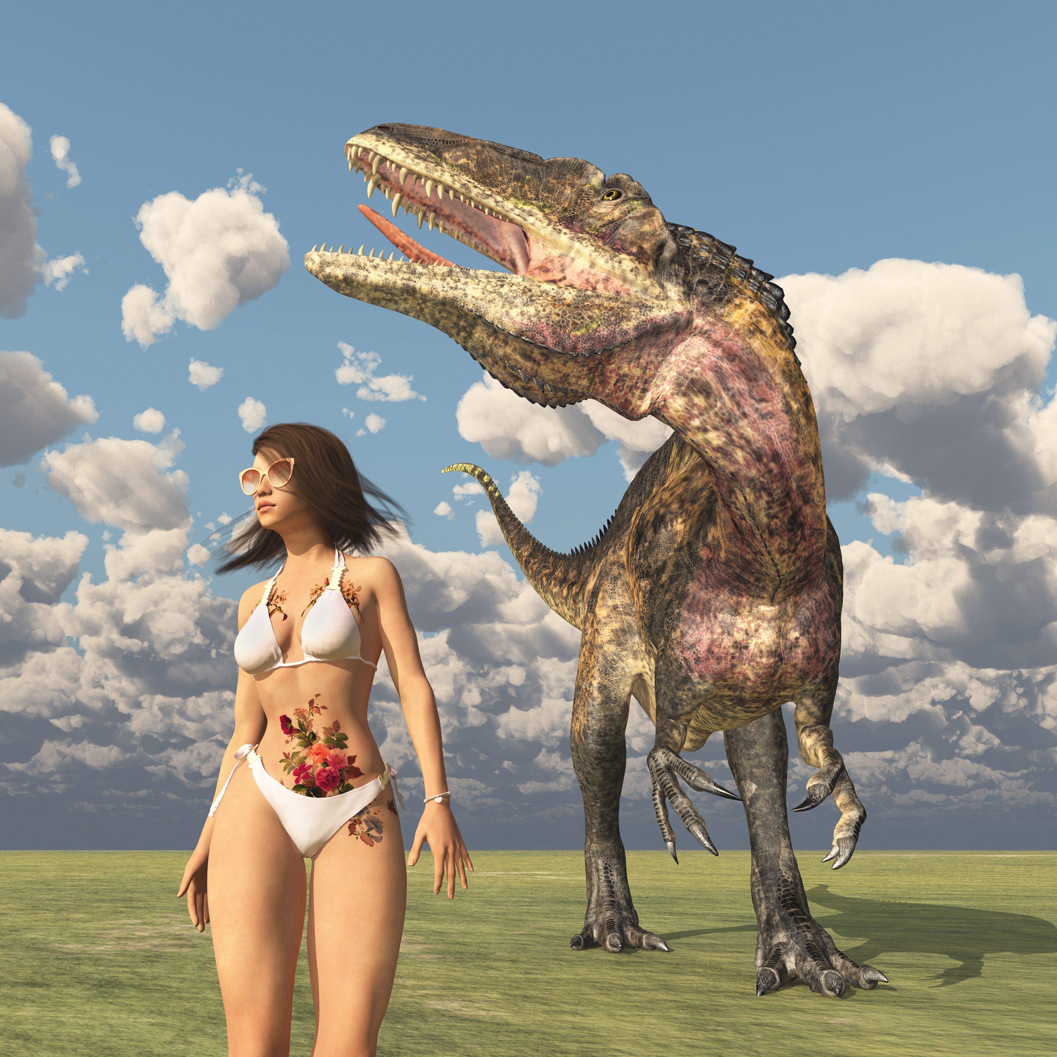 Attractive woman in bikini and the dinosaur Acrocanthosaurus