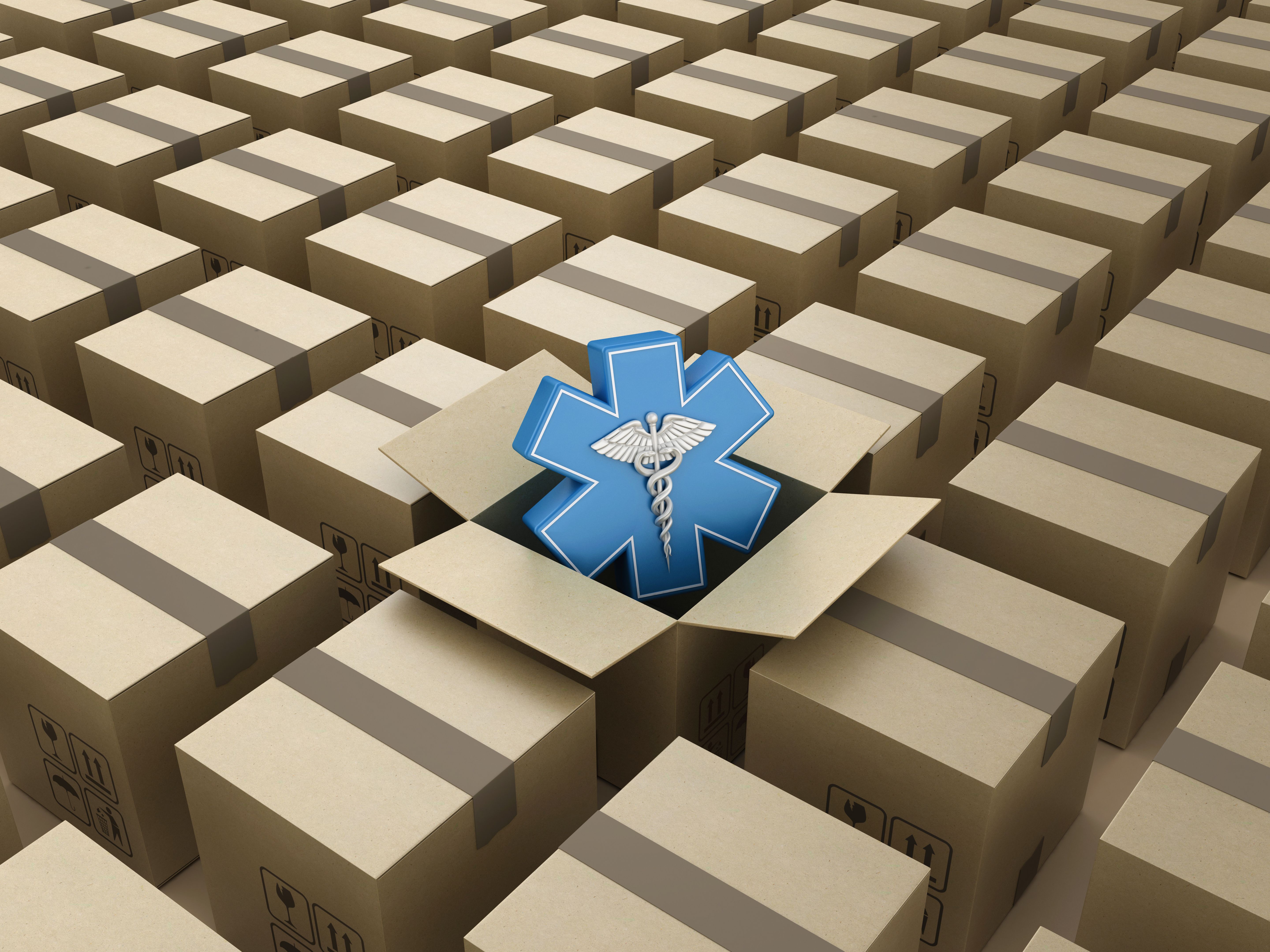 Medical Symbol Caduceus on Cardboard Boxes