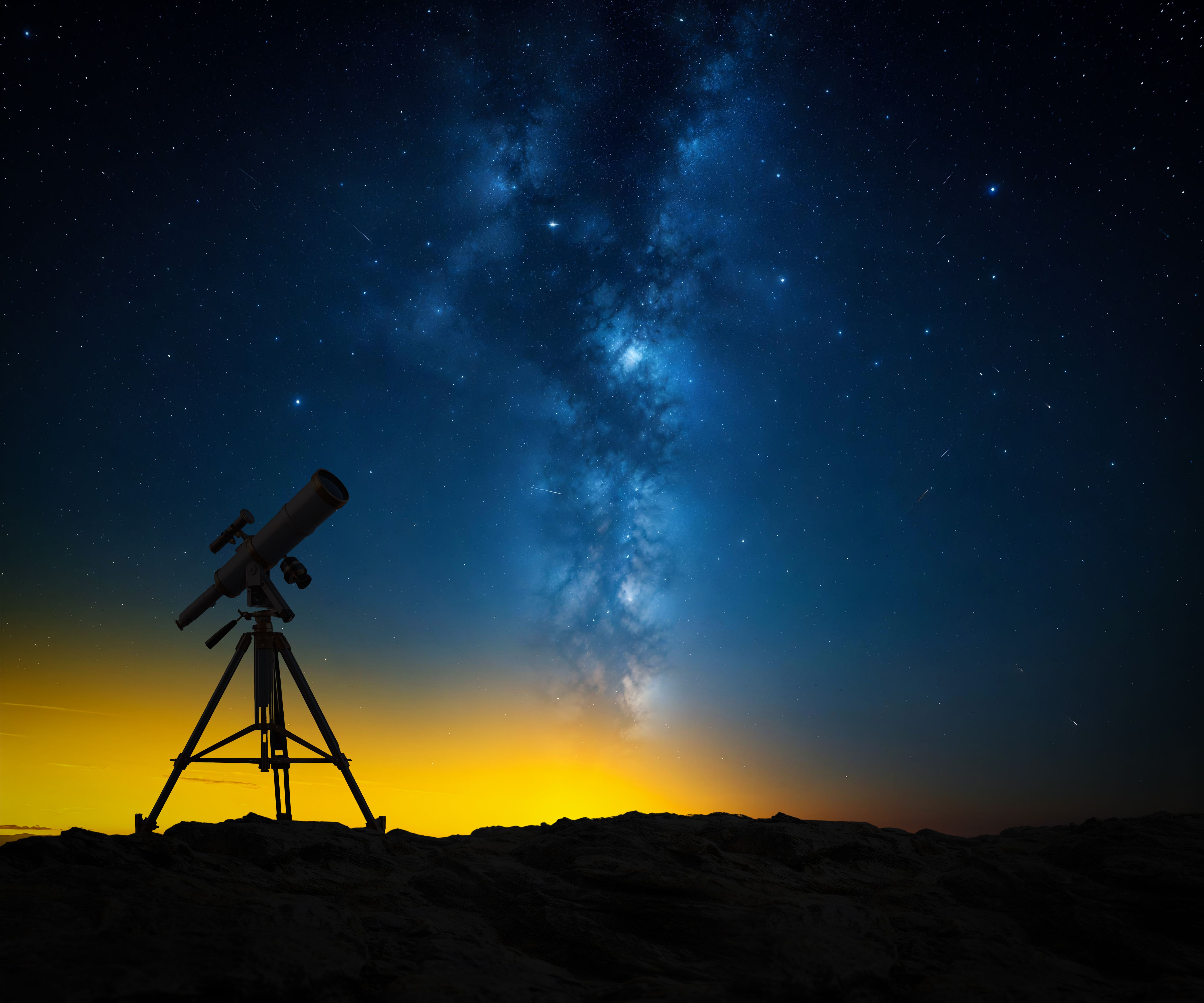 Silhouette of Telescope Under Starry Night Sky with Milky Way Galaxy Silhouette of Telescope Under Starry Night Sky with Milky Way Galaxy