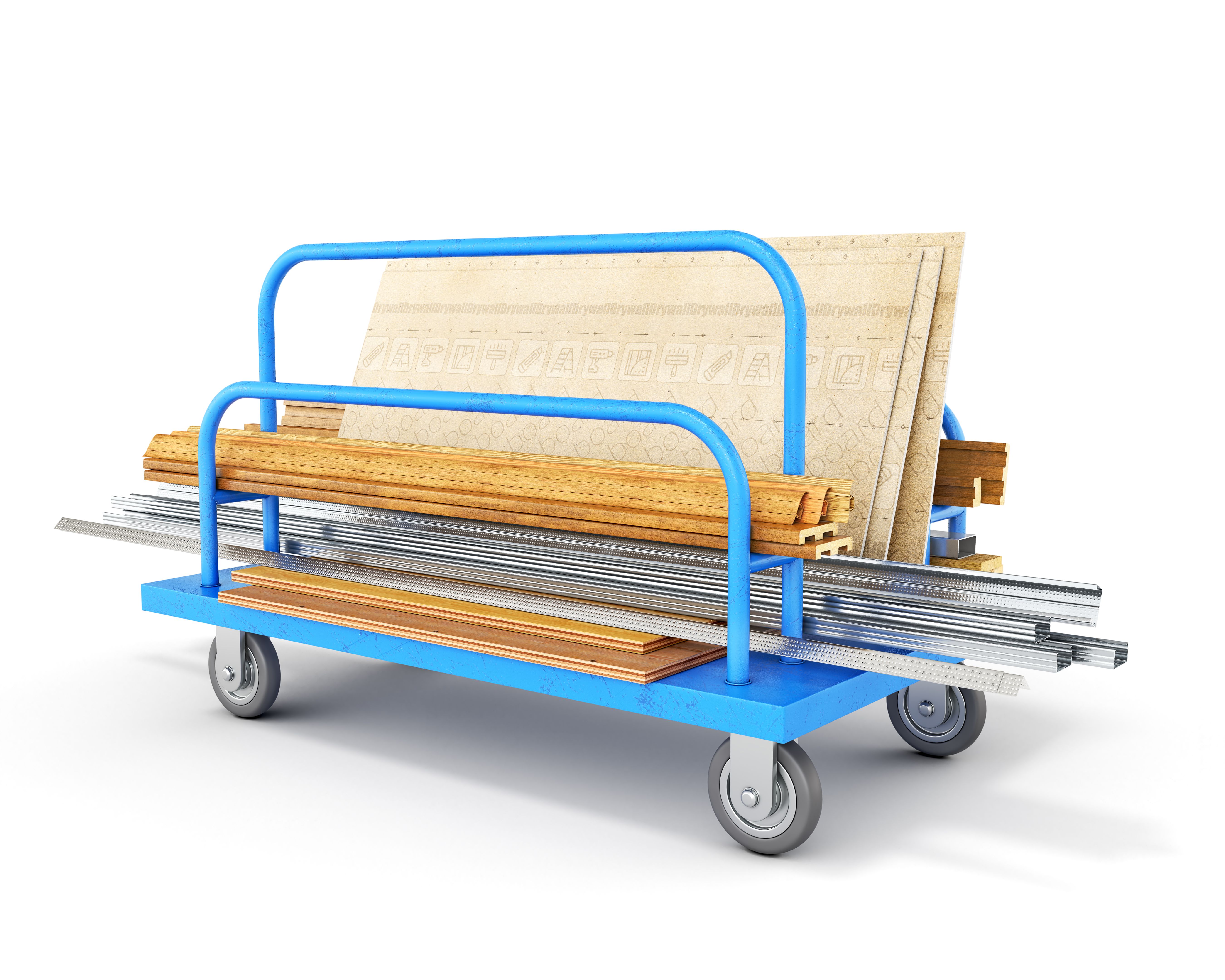 Gypsum boards, metal profiles, wooden planks and profiles are stacked and loaded on a blue trolley for long loads, isolated on white background, 3d illustration
