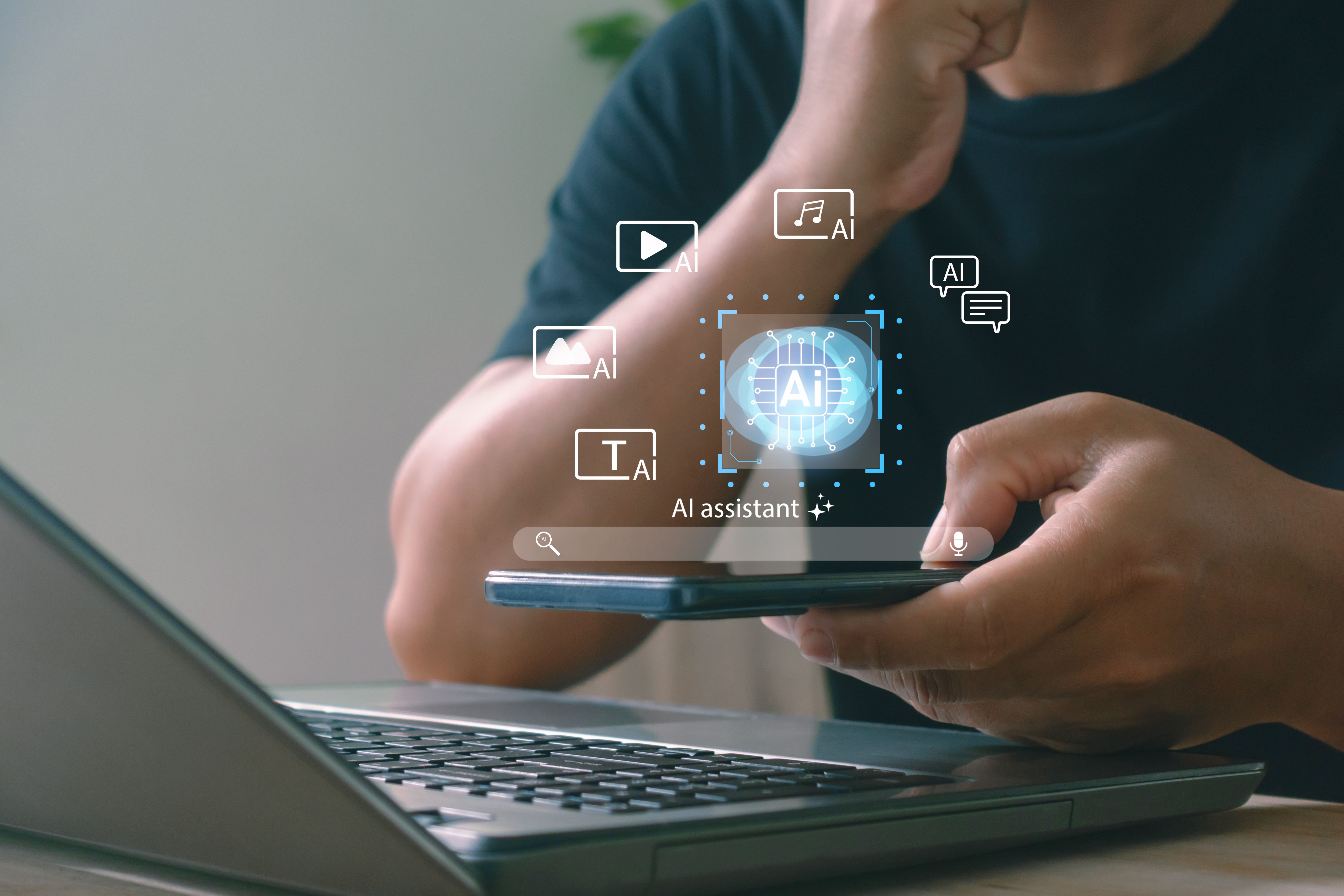 AI assistant on mobile phone device managing content generation for text, video, music and image with smart automation technology, providing convenient access to multimedia tool in digital environment AI assistant on mobile phone device managing content generation for text, video, music and image with smart automation technology, providing convenient access to multimedia tool in digital environment