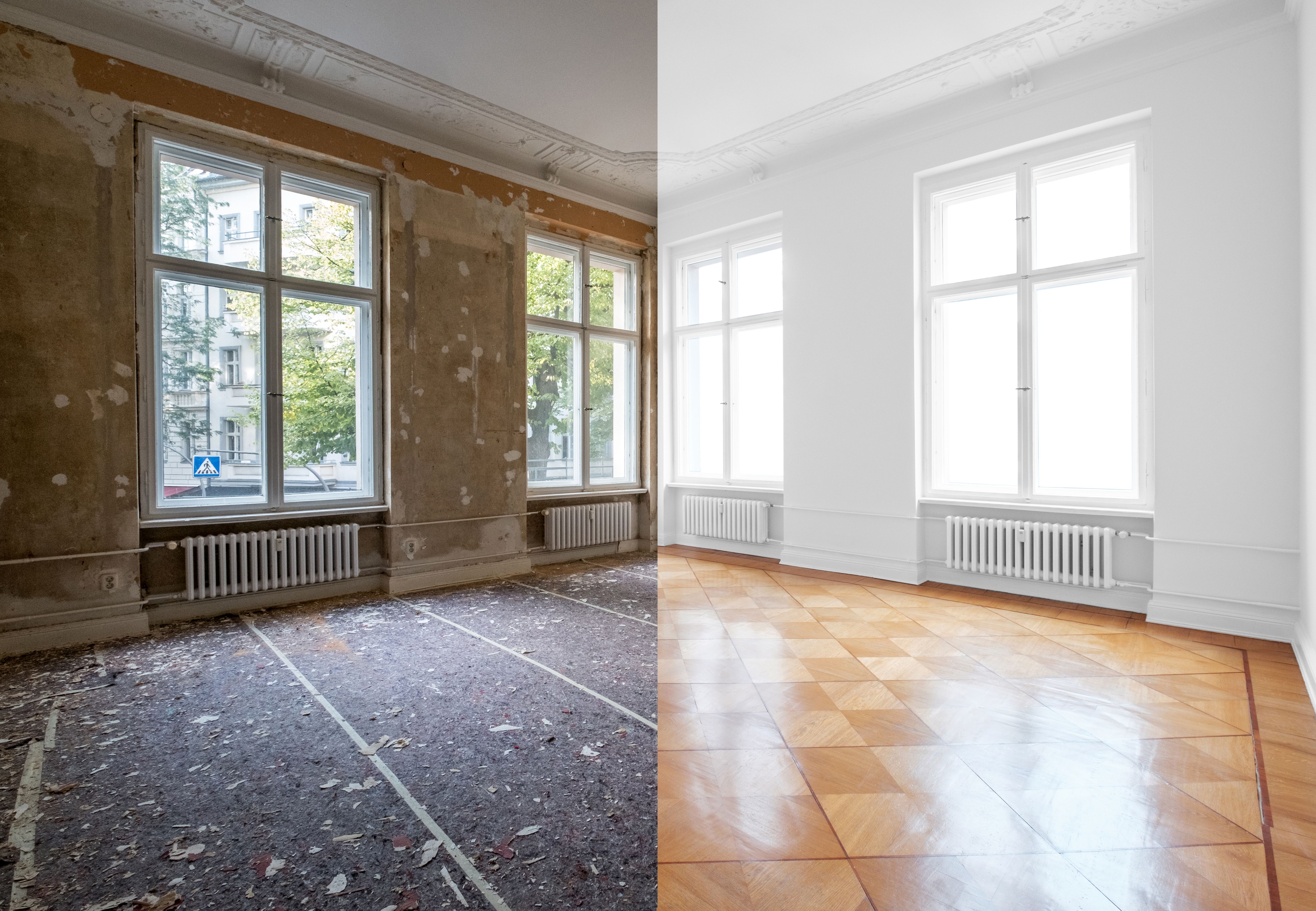 flat renovation, empty room before and after refurbishment or restoration  -