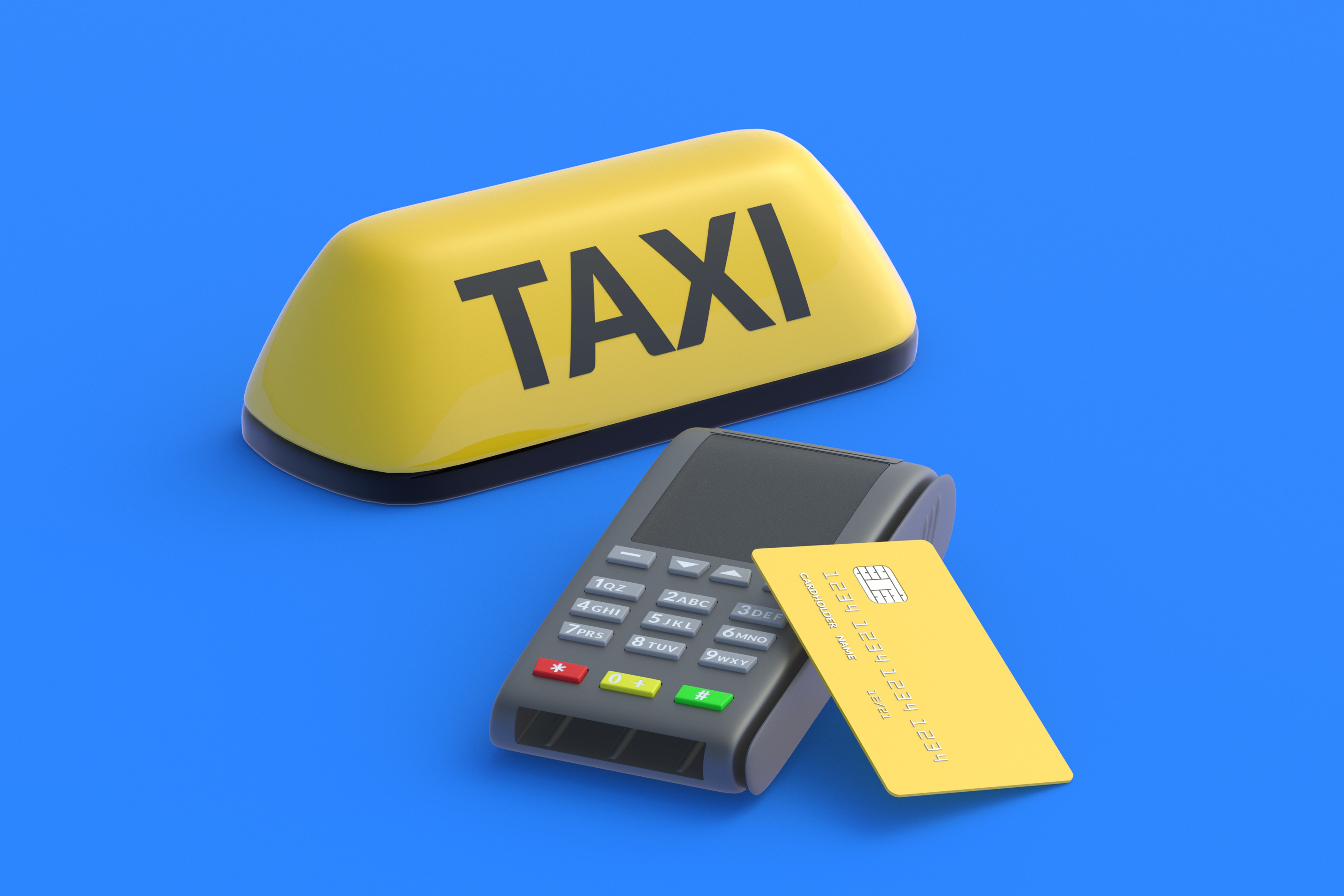 Yellow taxi sign near credit card and cash register. Payment for carrier services. Modern type of calculation. Cashless payment. Franchise cost. Passenger transport rental. 3d render