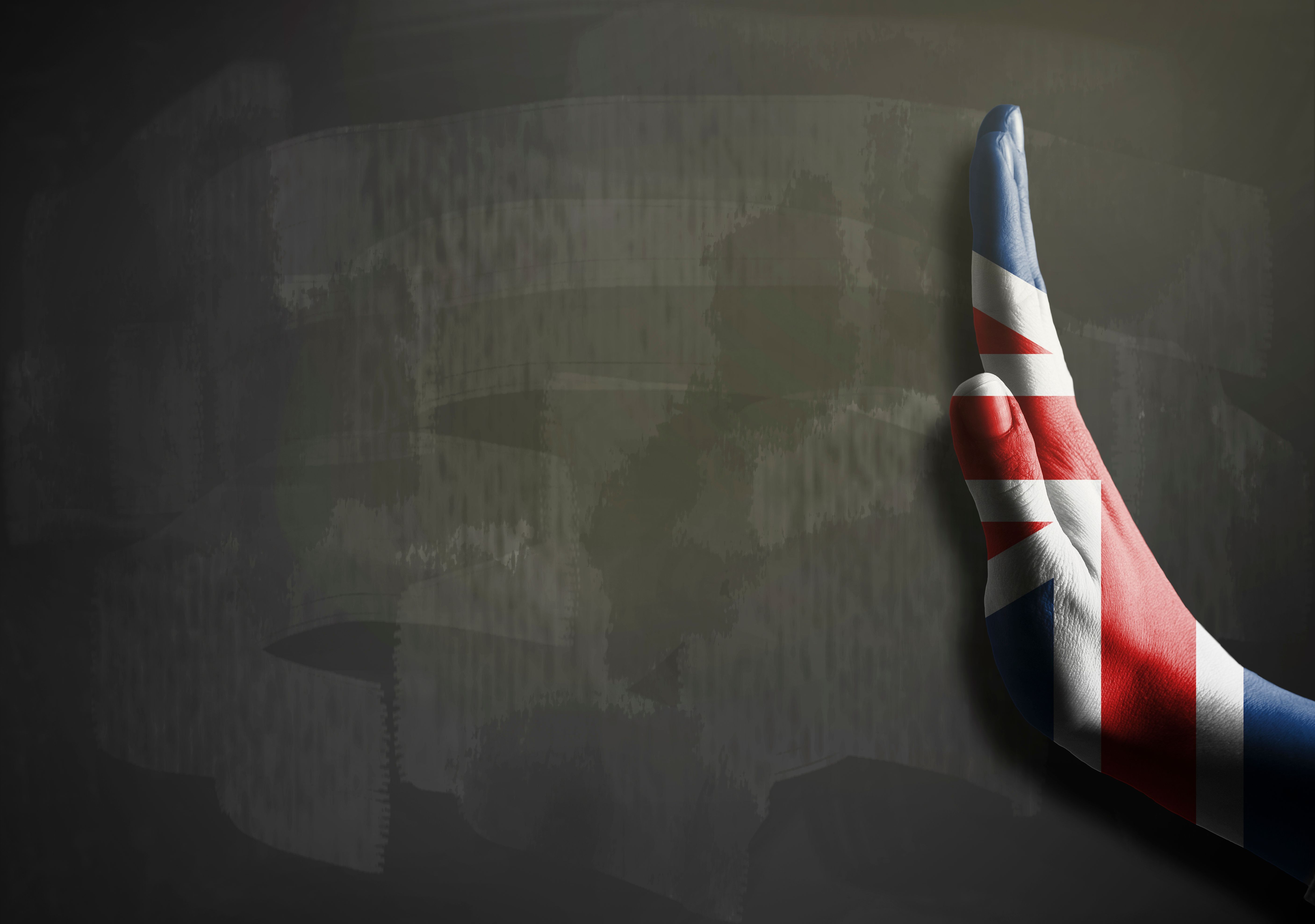 Stop hands sign with UNITED KINGDOM flag and empty space for text / Flag blackboard concept (Click for more) Stop hands sign with UNITED KINGDOM flag and empty space for text / Flag blackboard concept (Click for more)