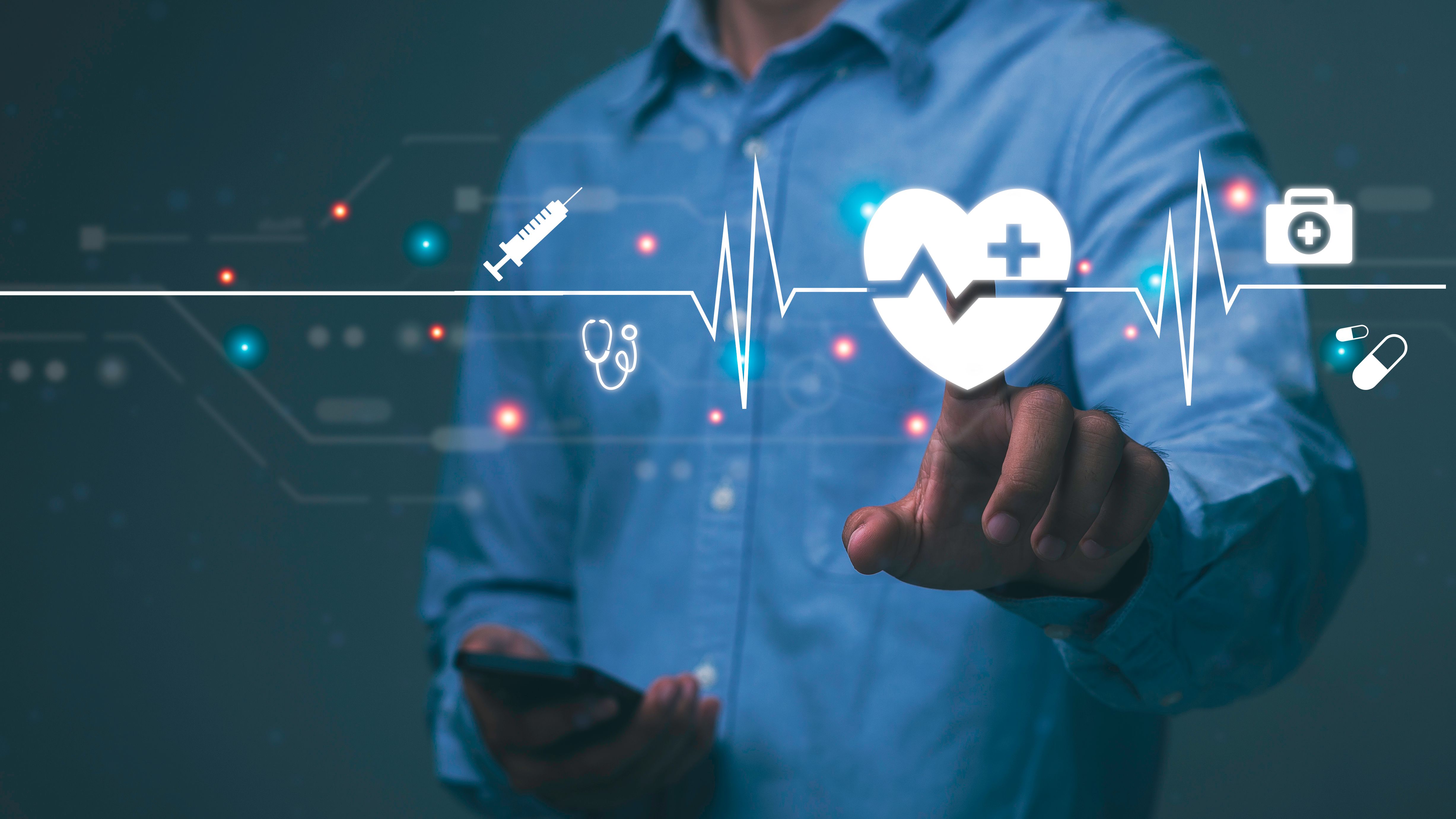 Metaverse Health, a virtual health service concept that connects people from around the world. blue with icon