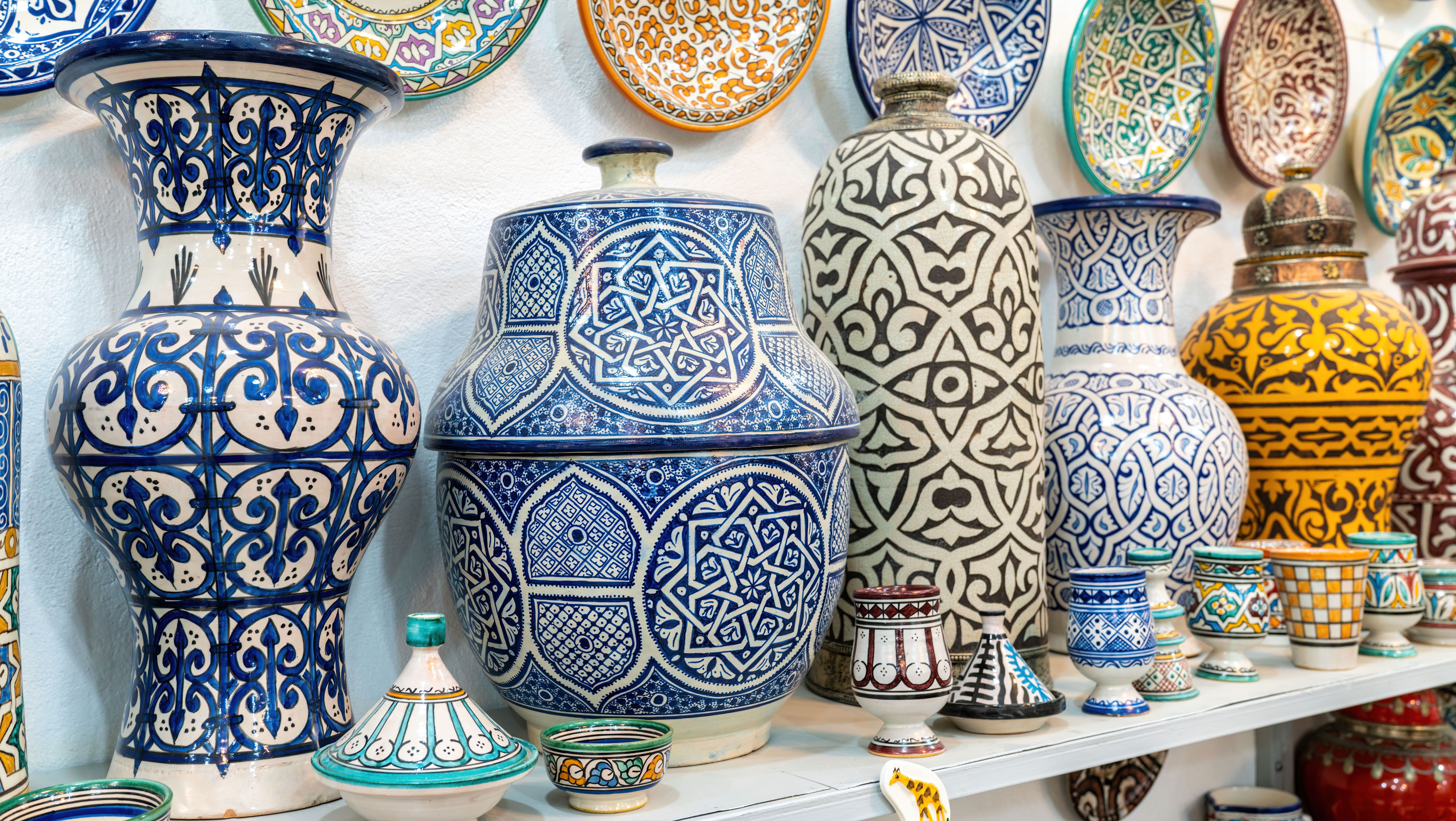 Moroccan pottery with colorful ceramics and pottery displayed in a shop