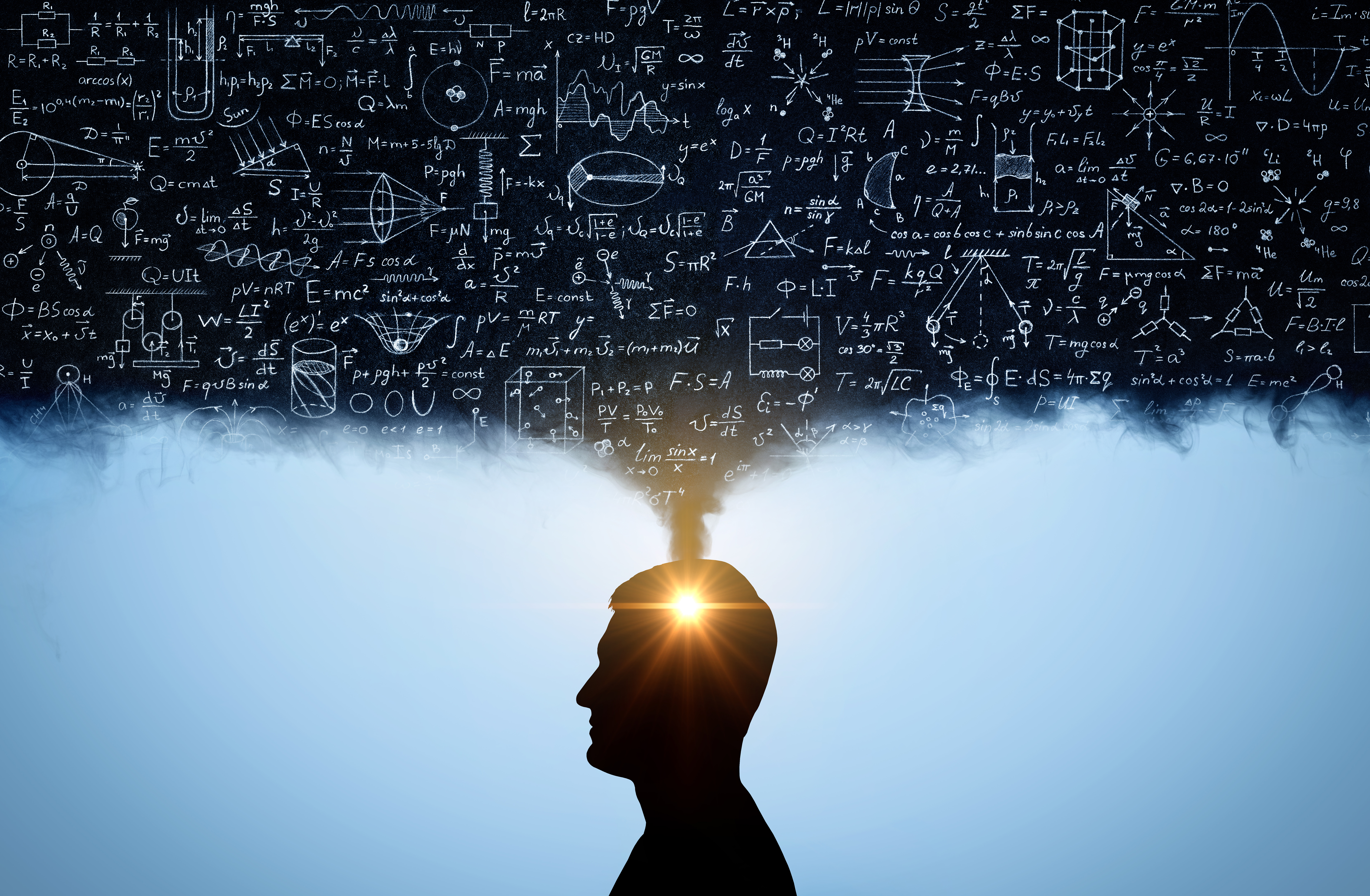 Silhouette of a man, with thoughts in the form of physico-mathematical formulas.