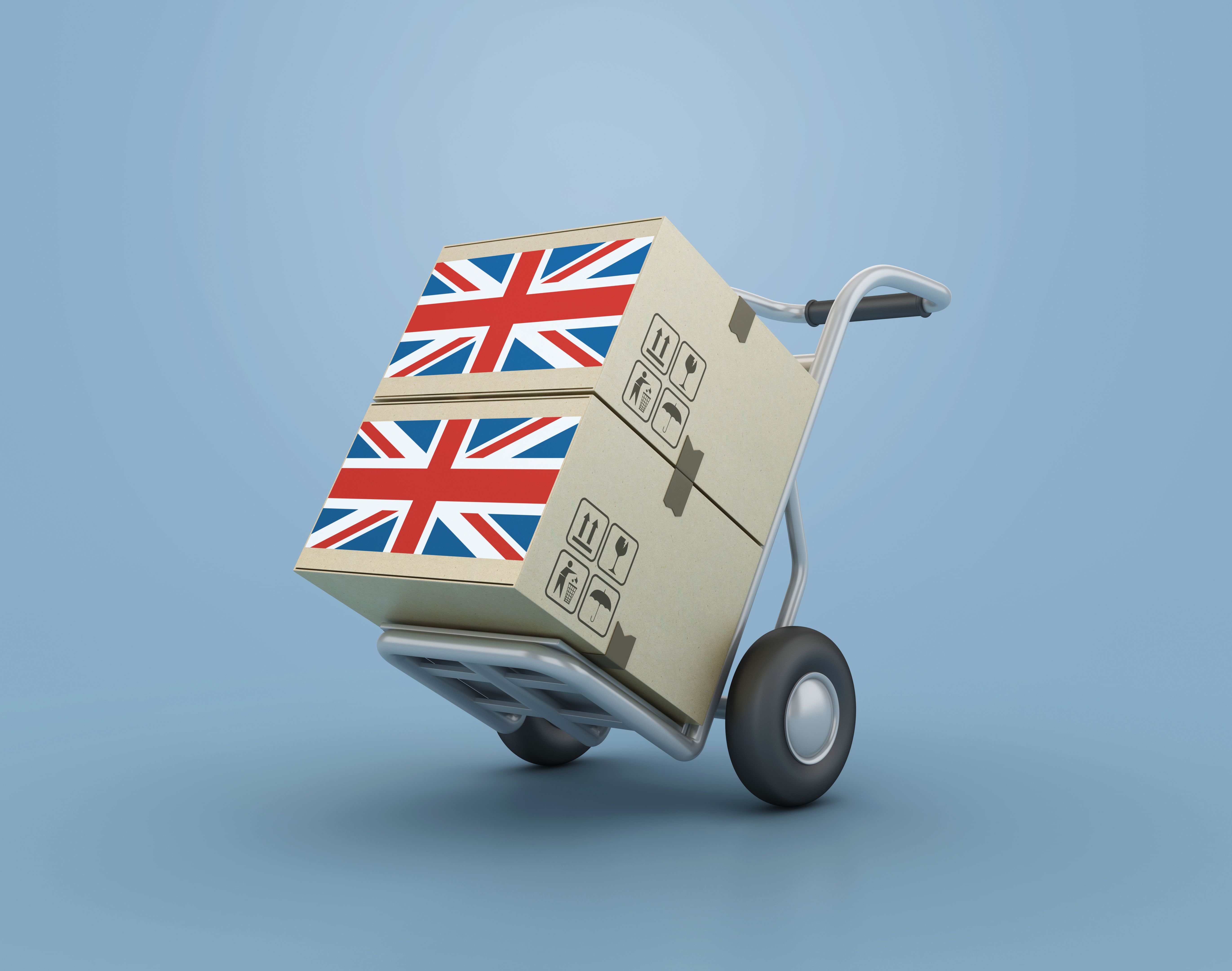 Hand Truck Carrying British Cardboard Boxes
