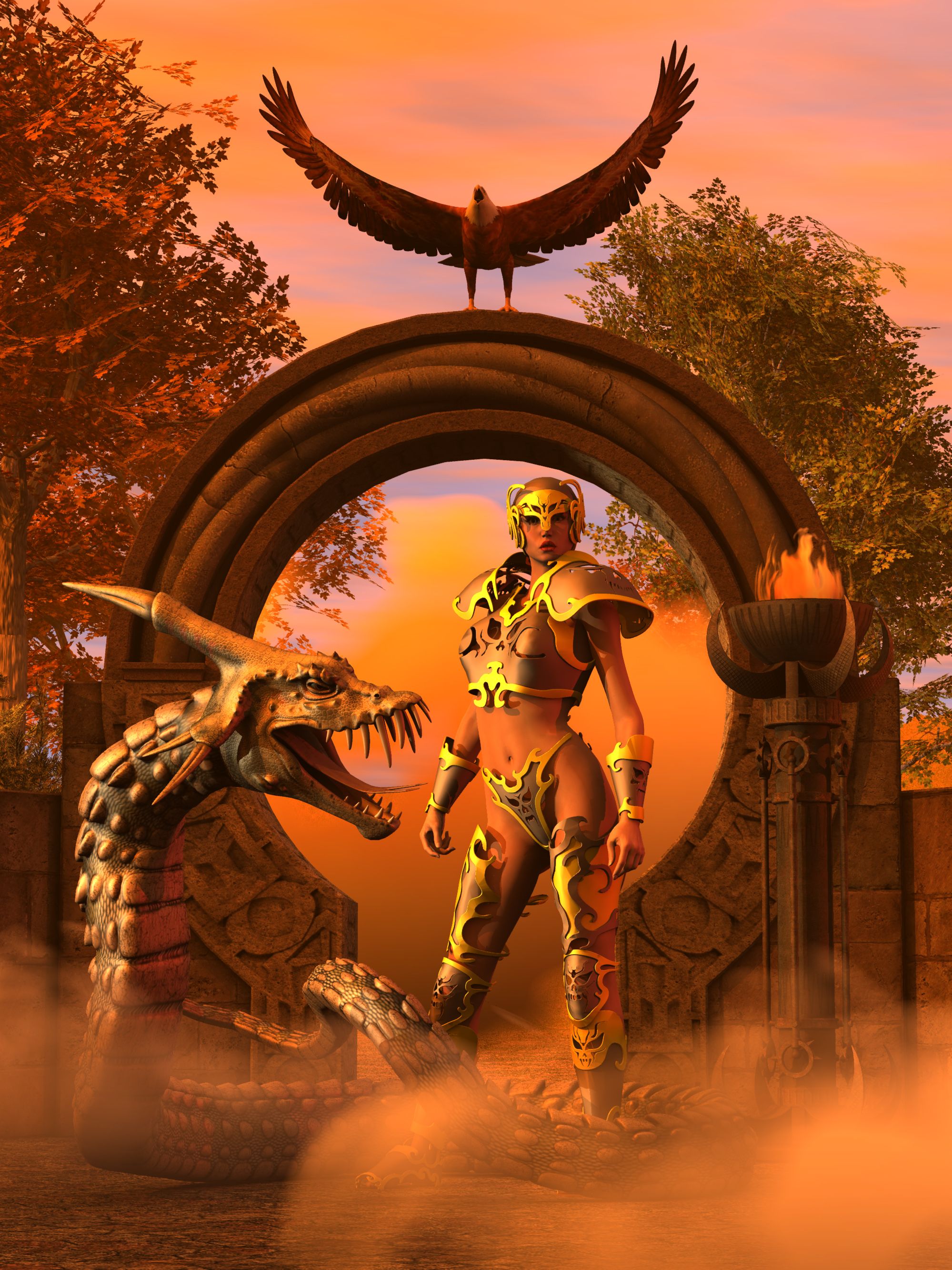 fantasy scene, a dragon and a warrior in armor near a gate in the forest, 3d illustration