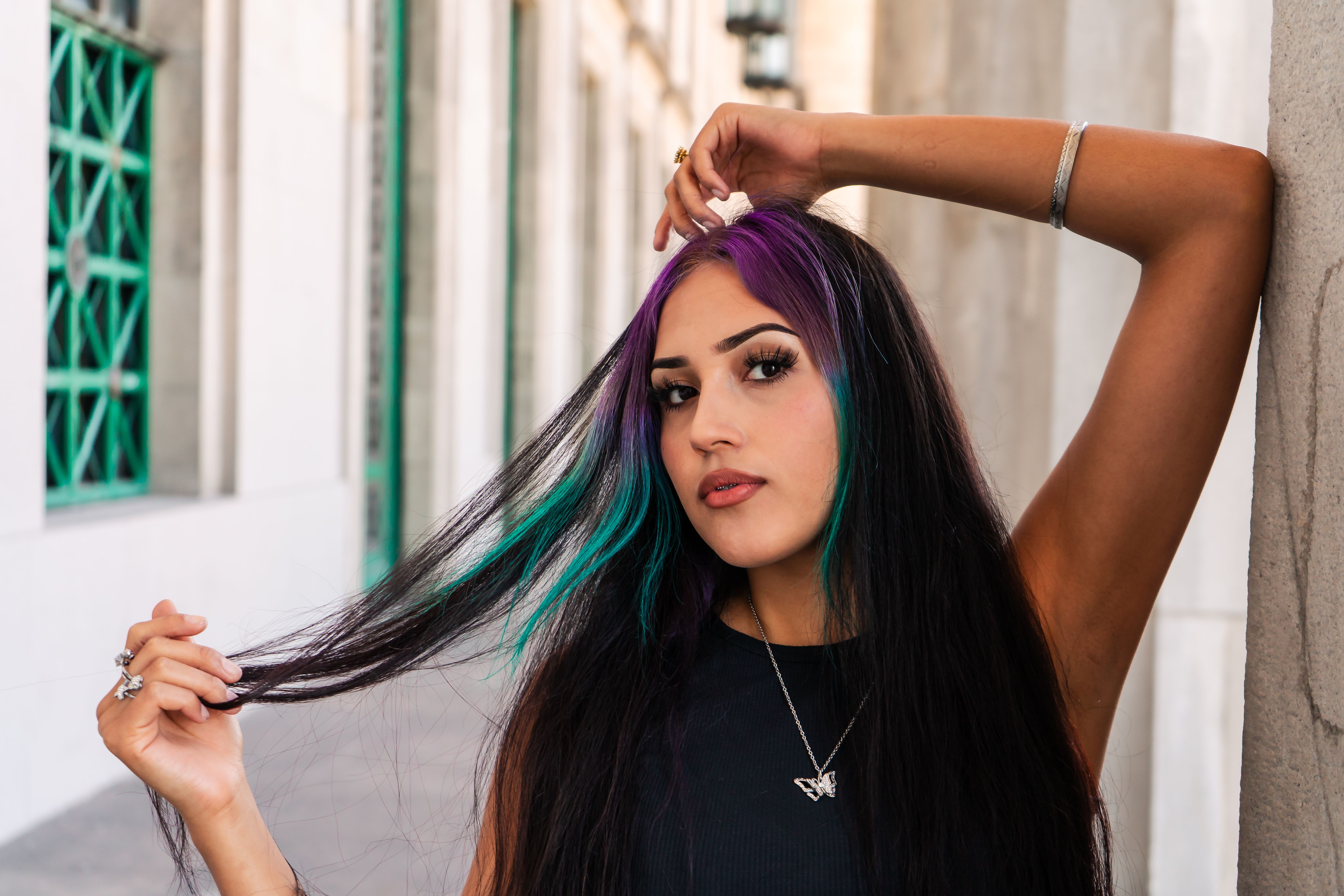 woman with colorful hair extensions