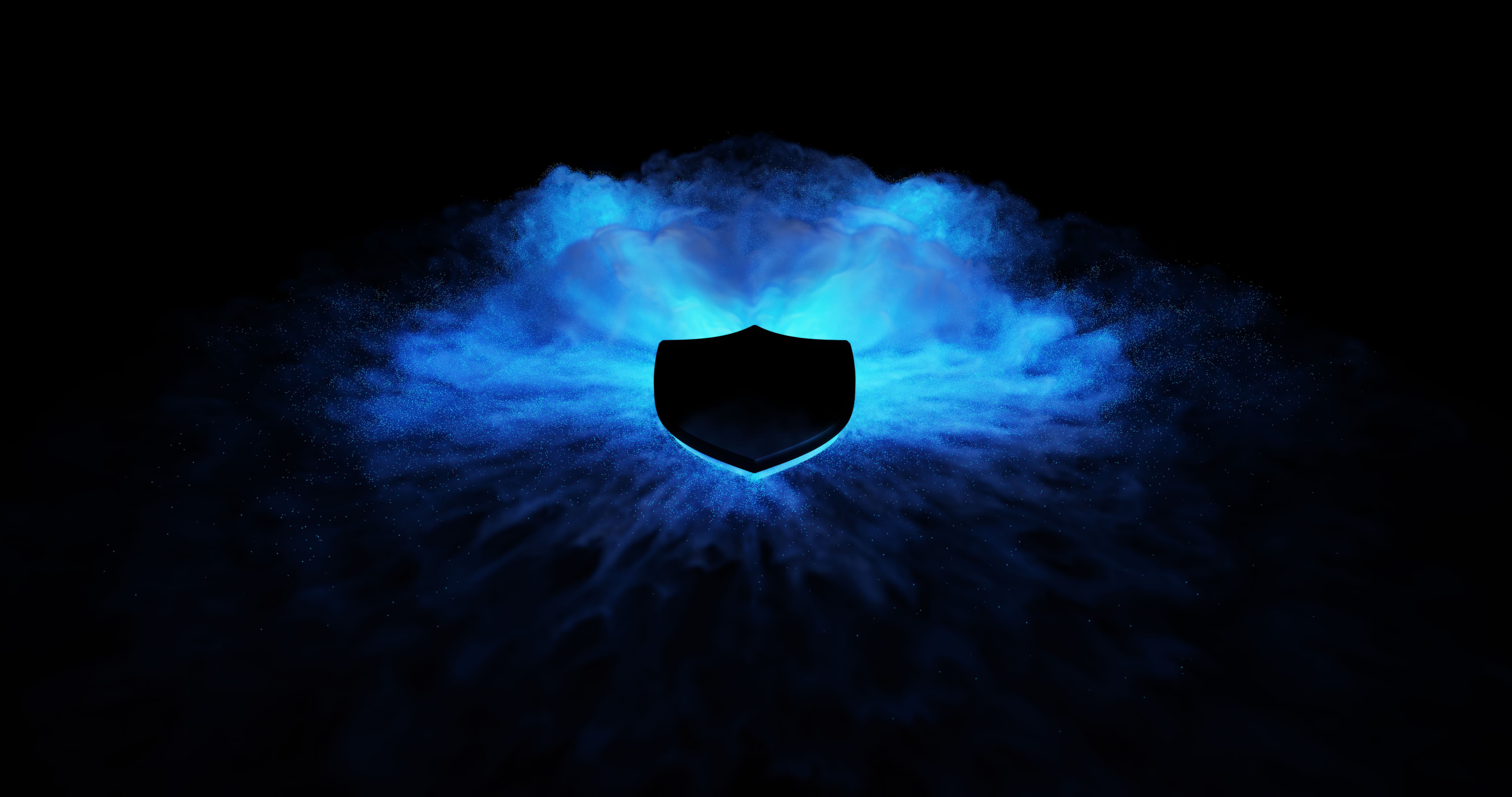 A black shield, enveloped by a swirling blue mist, represents a fortress of protection.