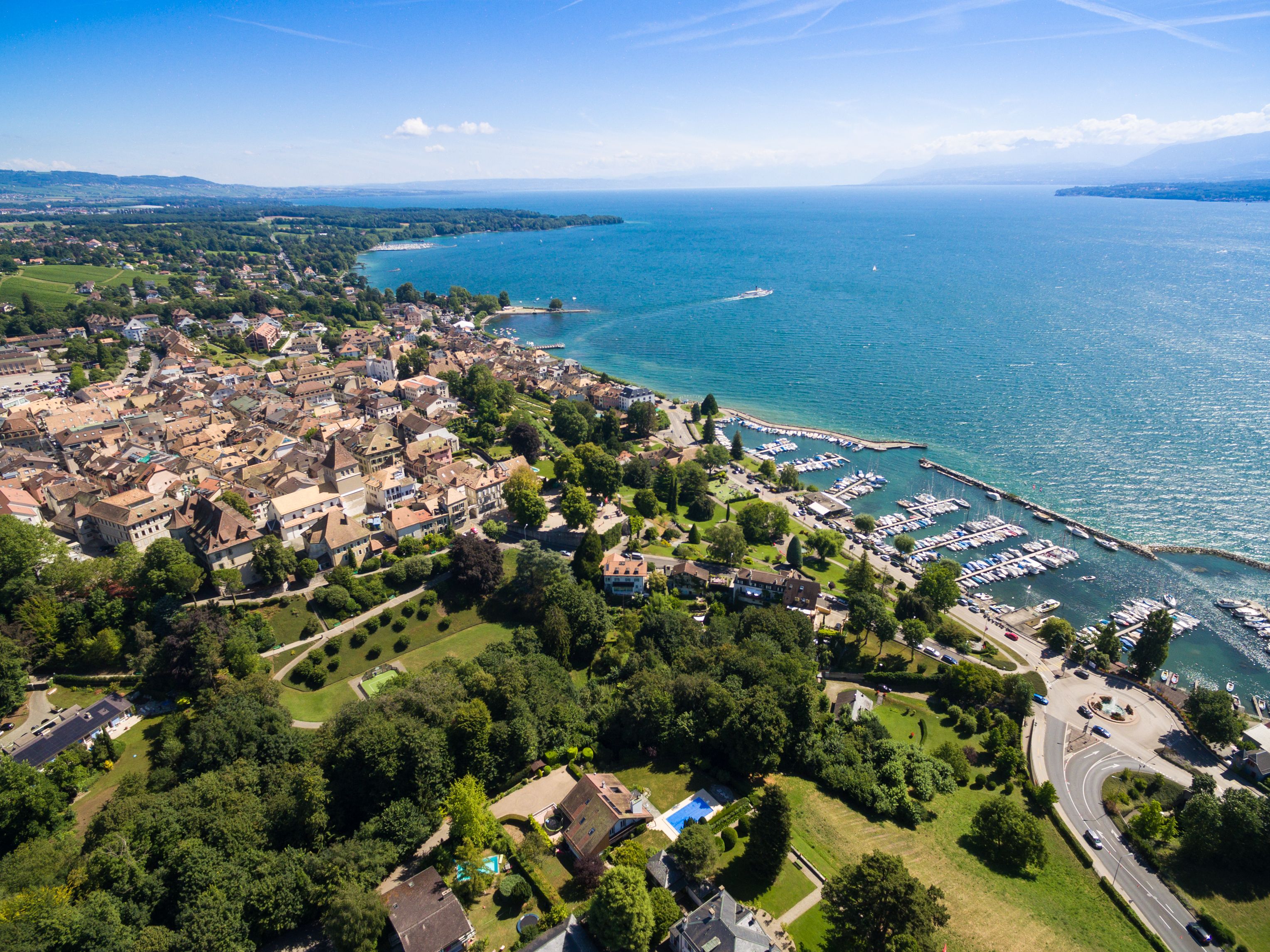 Aerial view of Nyon old city and waterfront in Switzerland Aerial view of Nyon old city and waterfront in Switzerland