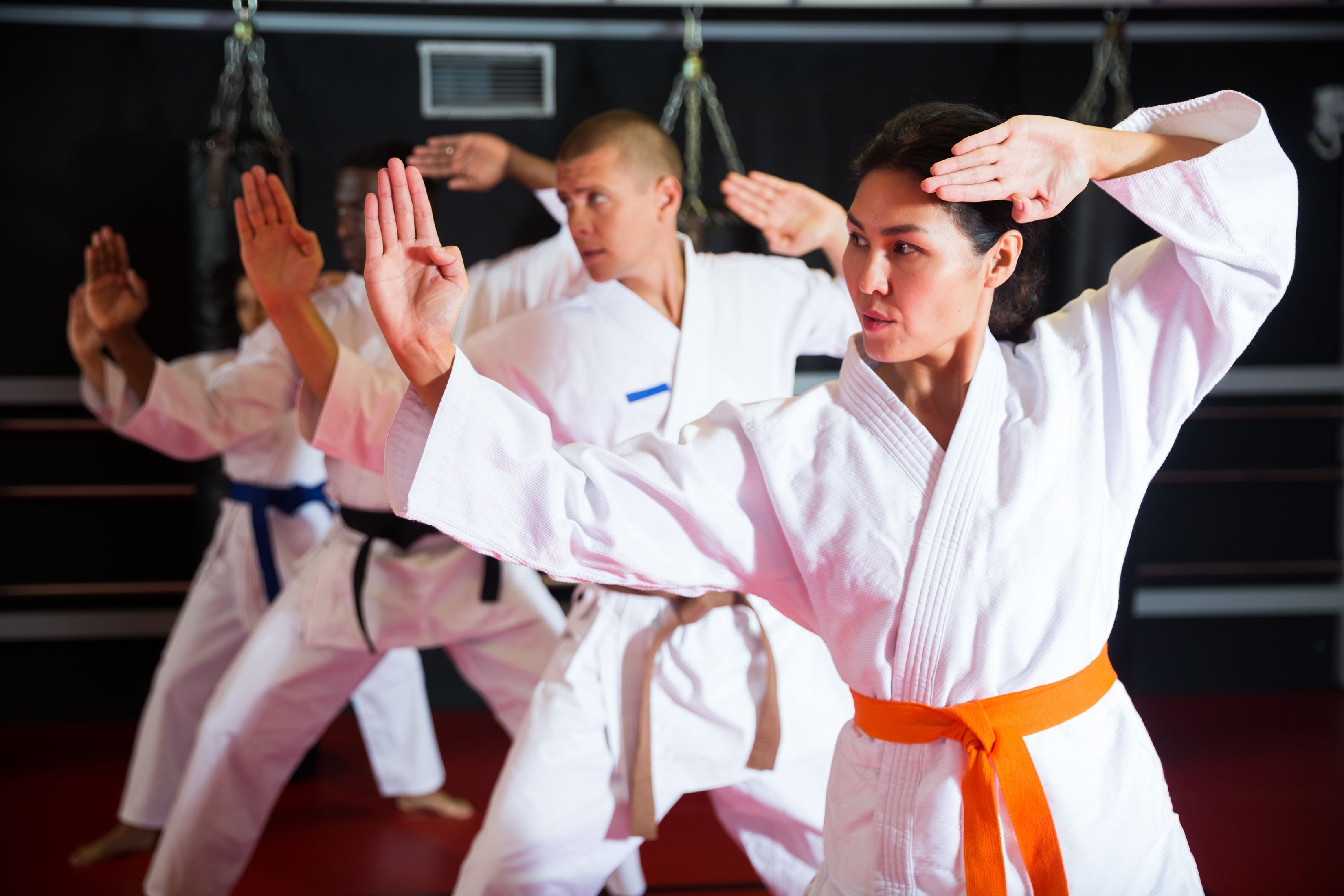 Men and women in kimono performing kata