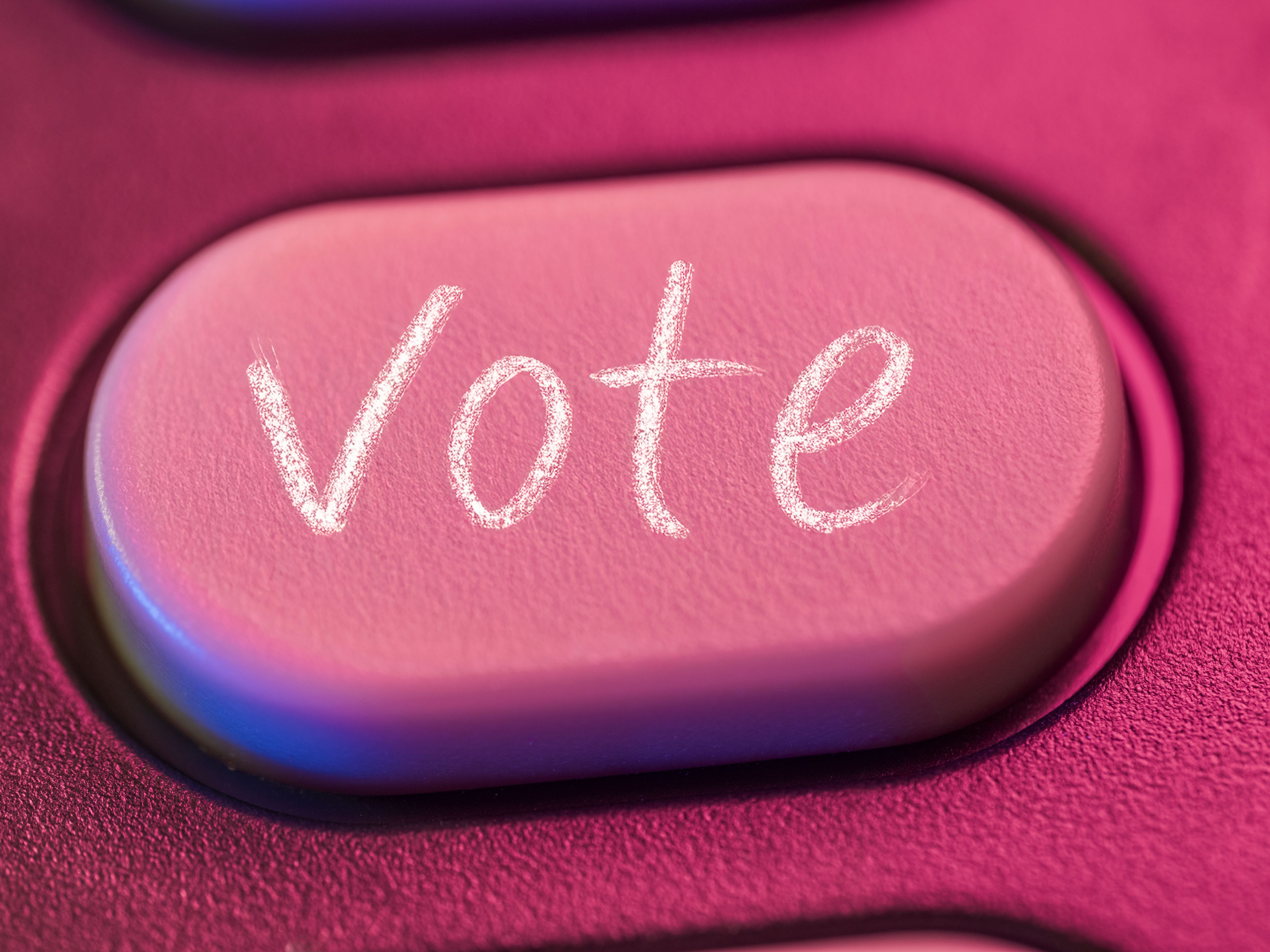 Close-up of push button with the word vote written on it in chalk