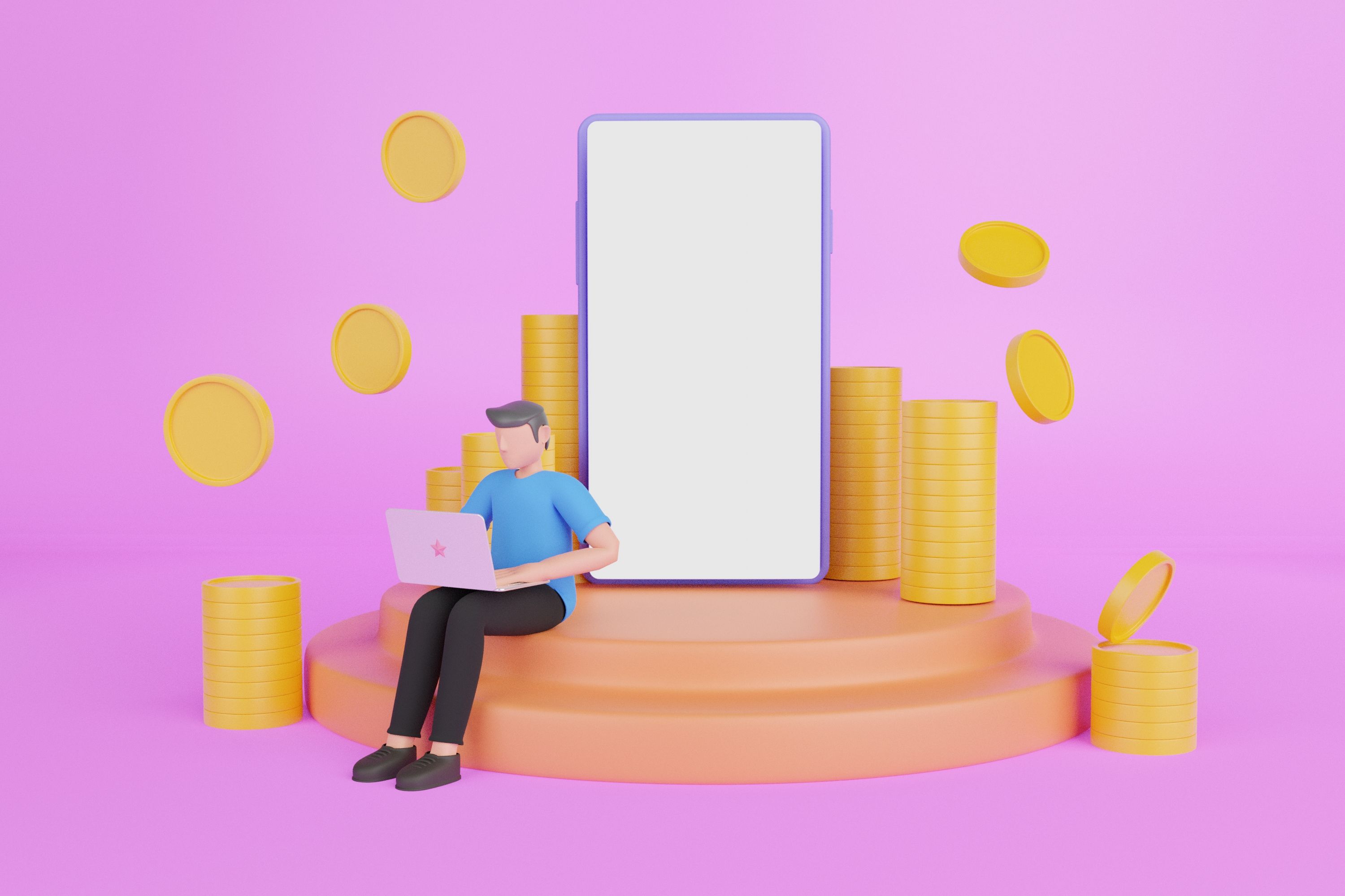 3d earn money only with laptop and smartphone. Internet banking, shopping, money transfer transactions in cartoon style illustration for business and marketing.