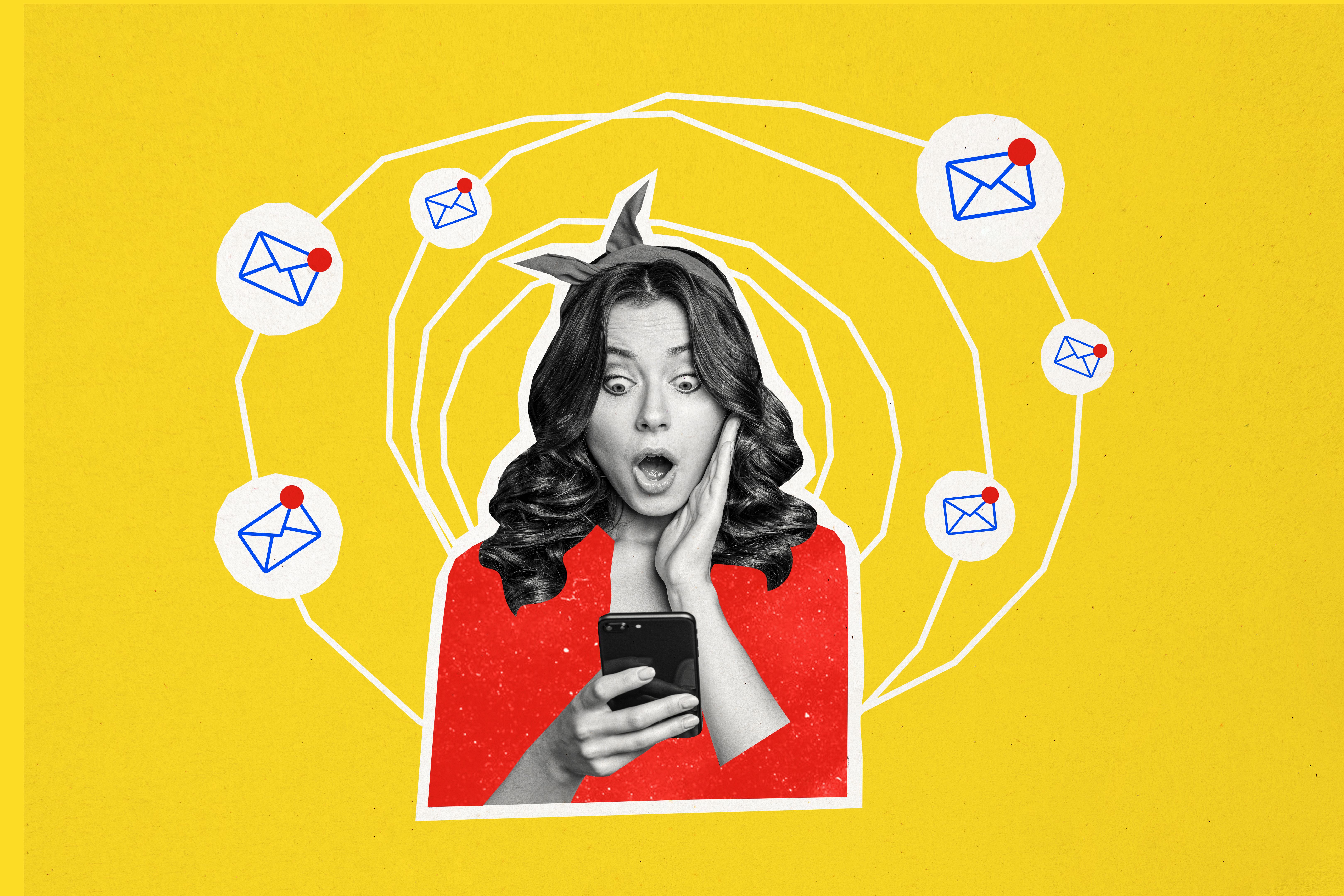 Composite photo collage of astonished girl hold phone device receive pile messages notification multitask isolated on painted background Composite photo collage of astonished girl hold phone device receive pile messages notification multitask isolated on painted background