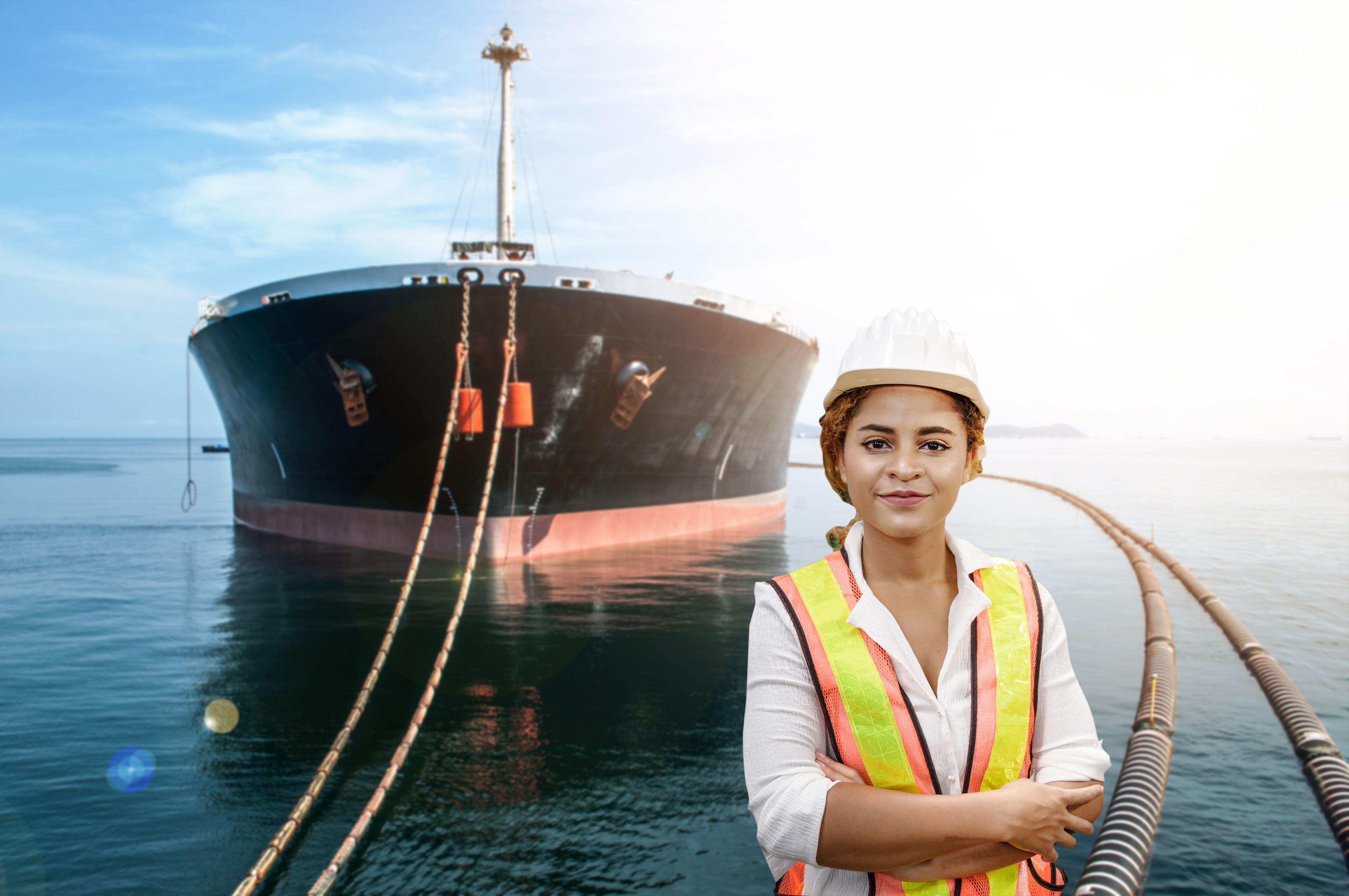 mixed race woman engineer staff worker and oil tanker ship background concept. mixed race woman engineer staff worker and oil tanker ship background concept.
