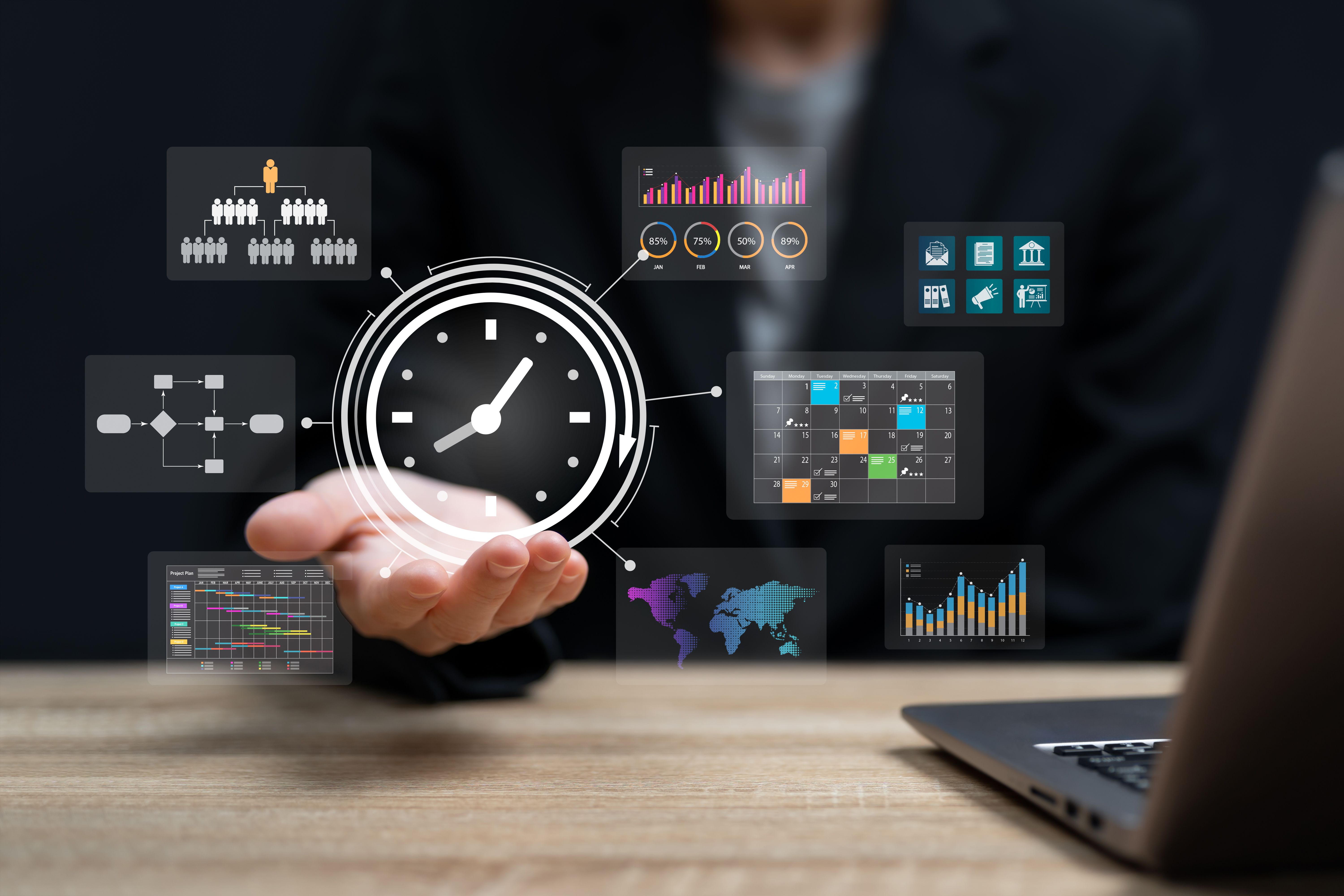 Effective Business and Time Management, Businesswoman Managing Time and Projects Efficiently to Meet Deadlines, Reduce Costs, Optimize Workflows, Enhance Productivity Through Strategic Planning