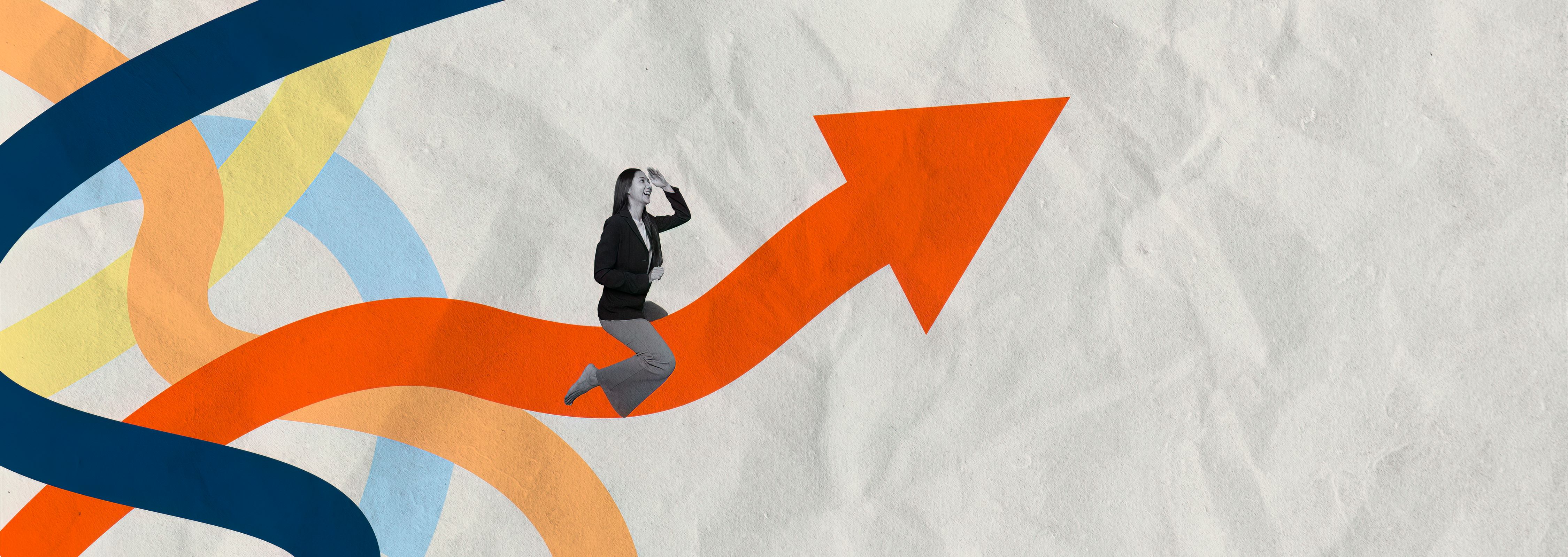 Business Growth and Motivation. A dynamic collage illustrating a woman navigating a path of success, represented by an upward arrow.