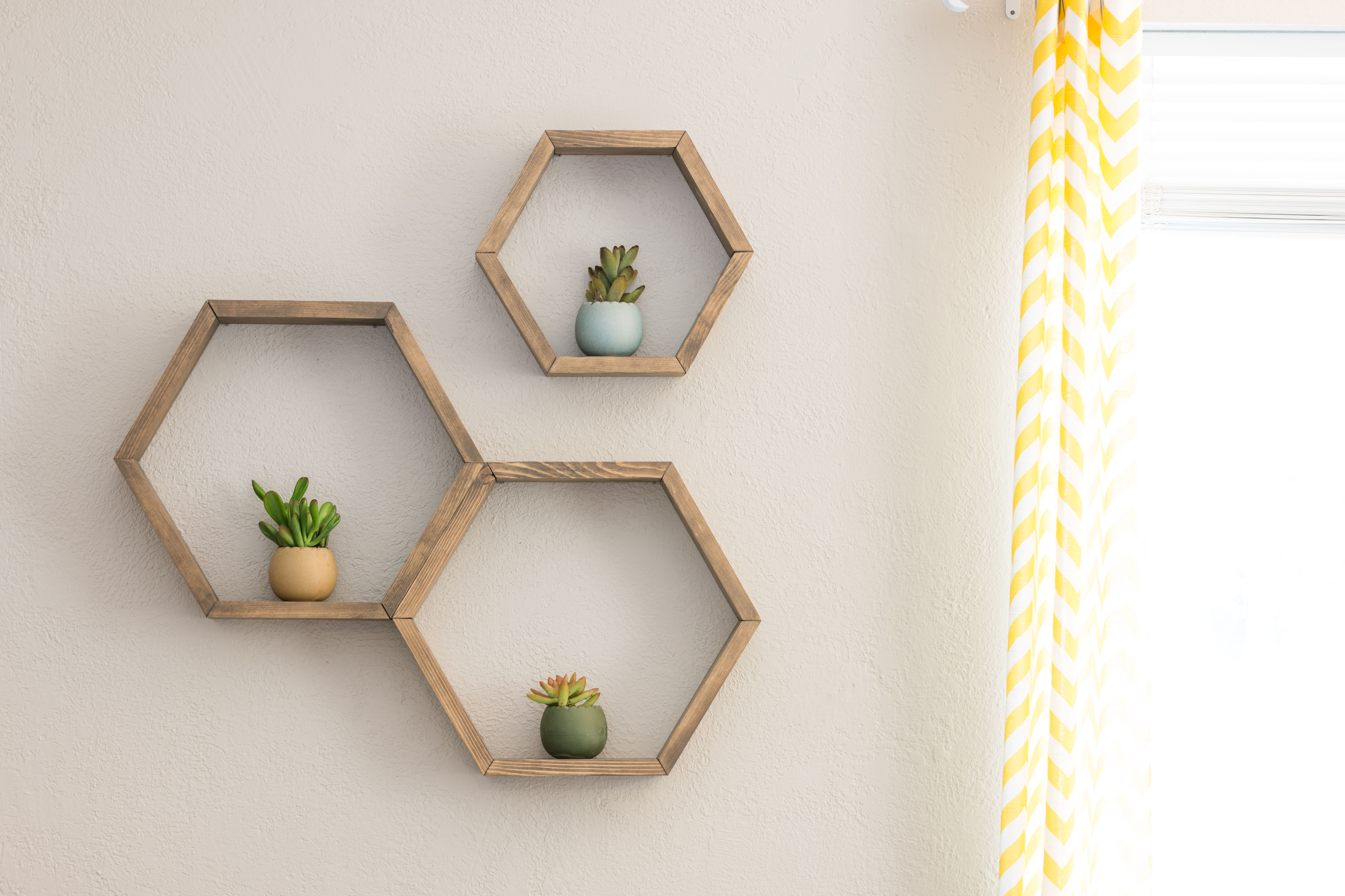 Floating hexagon shelves with inside plants Floating hexagon shelves with inside plants