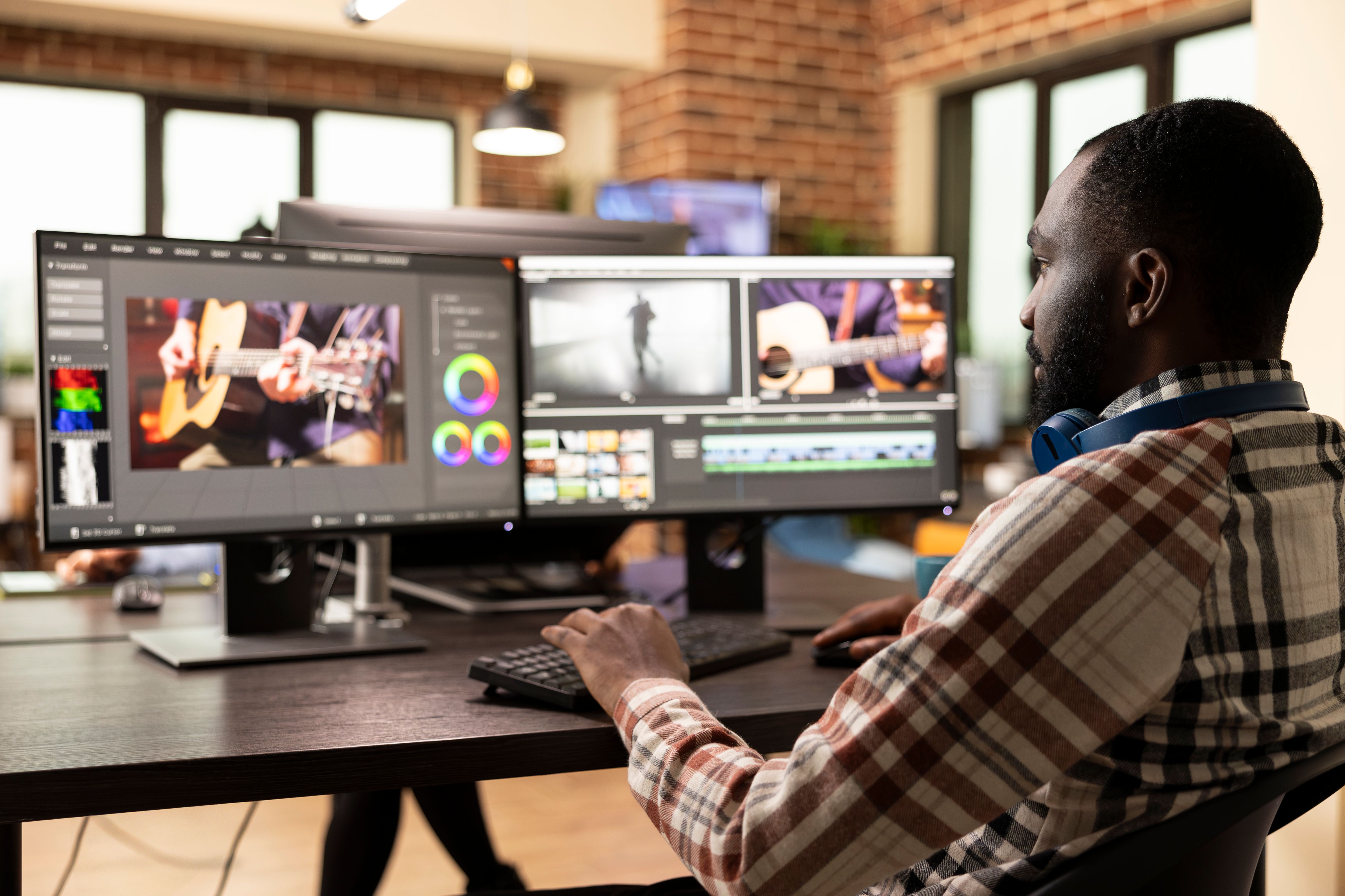 Black filmmaker using editing software