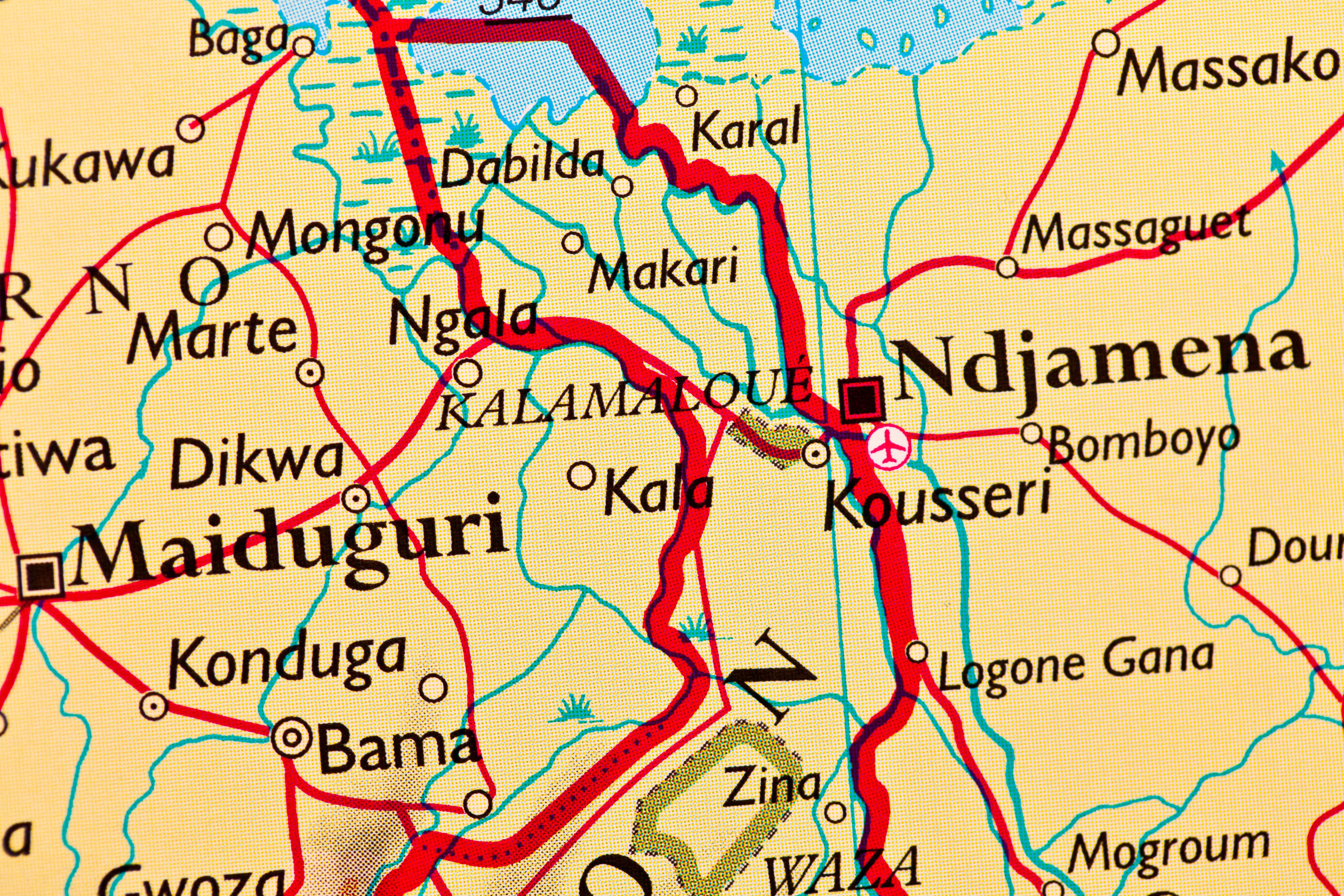 Maiduguri, Nigeria and Ndjamena, Chad map