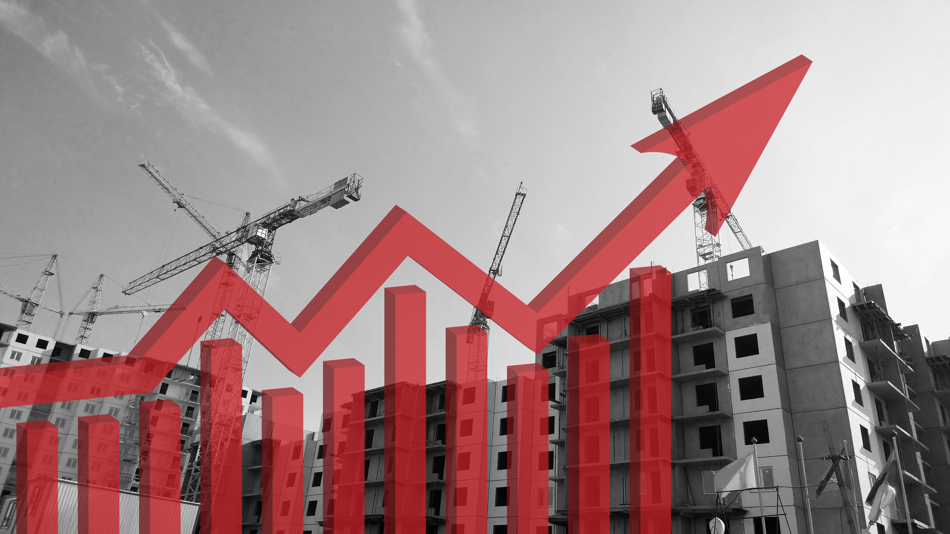 Red growing up large transparent 3d arrow on construction site monochrome background. Bar chart and graph. Interest Rate Increases. Apartment. Industry crisis concept. Inflation. Flat Rising prices.
