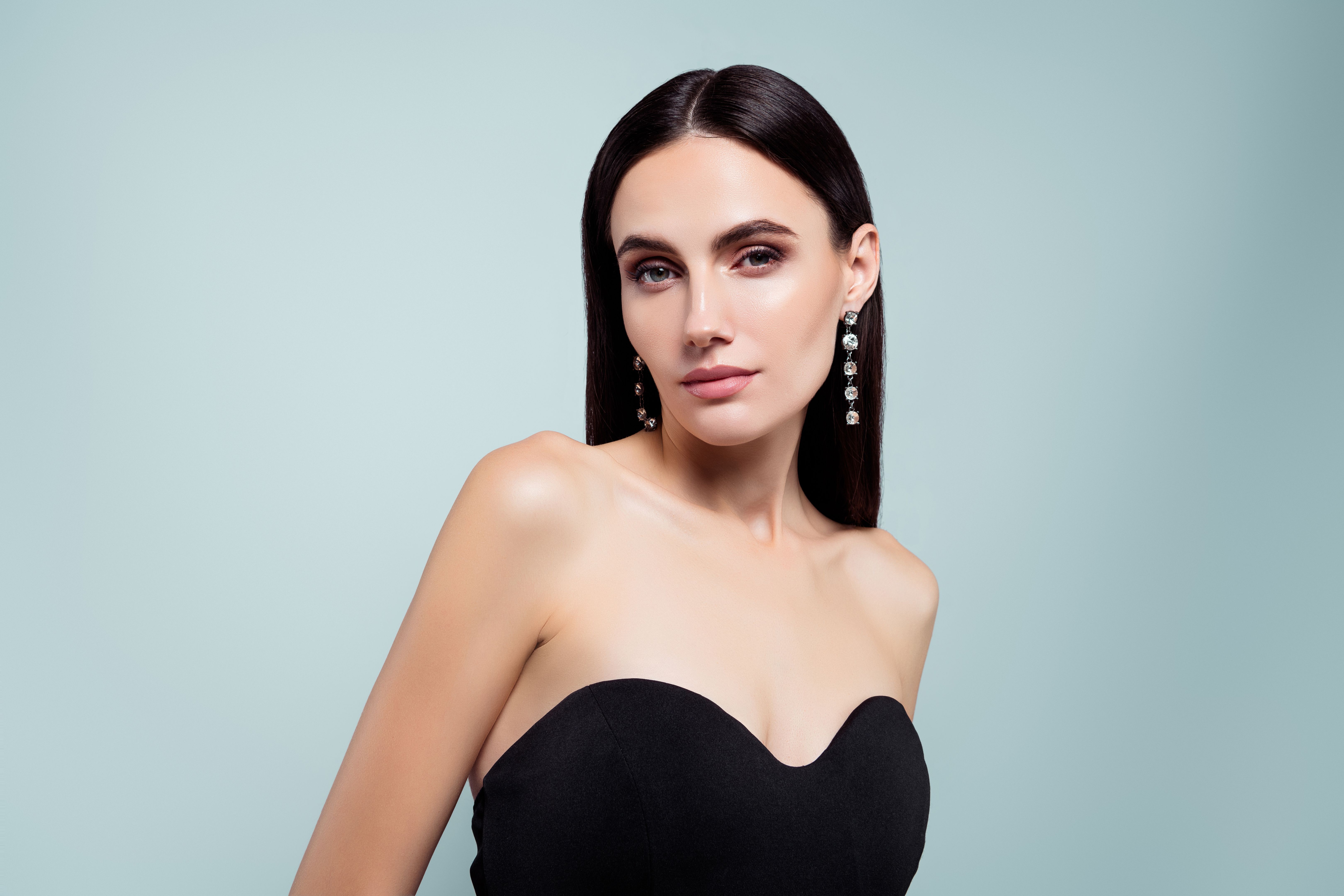 Photo of stunning lady star look wear glamour black outfit gown isolated grey color background