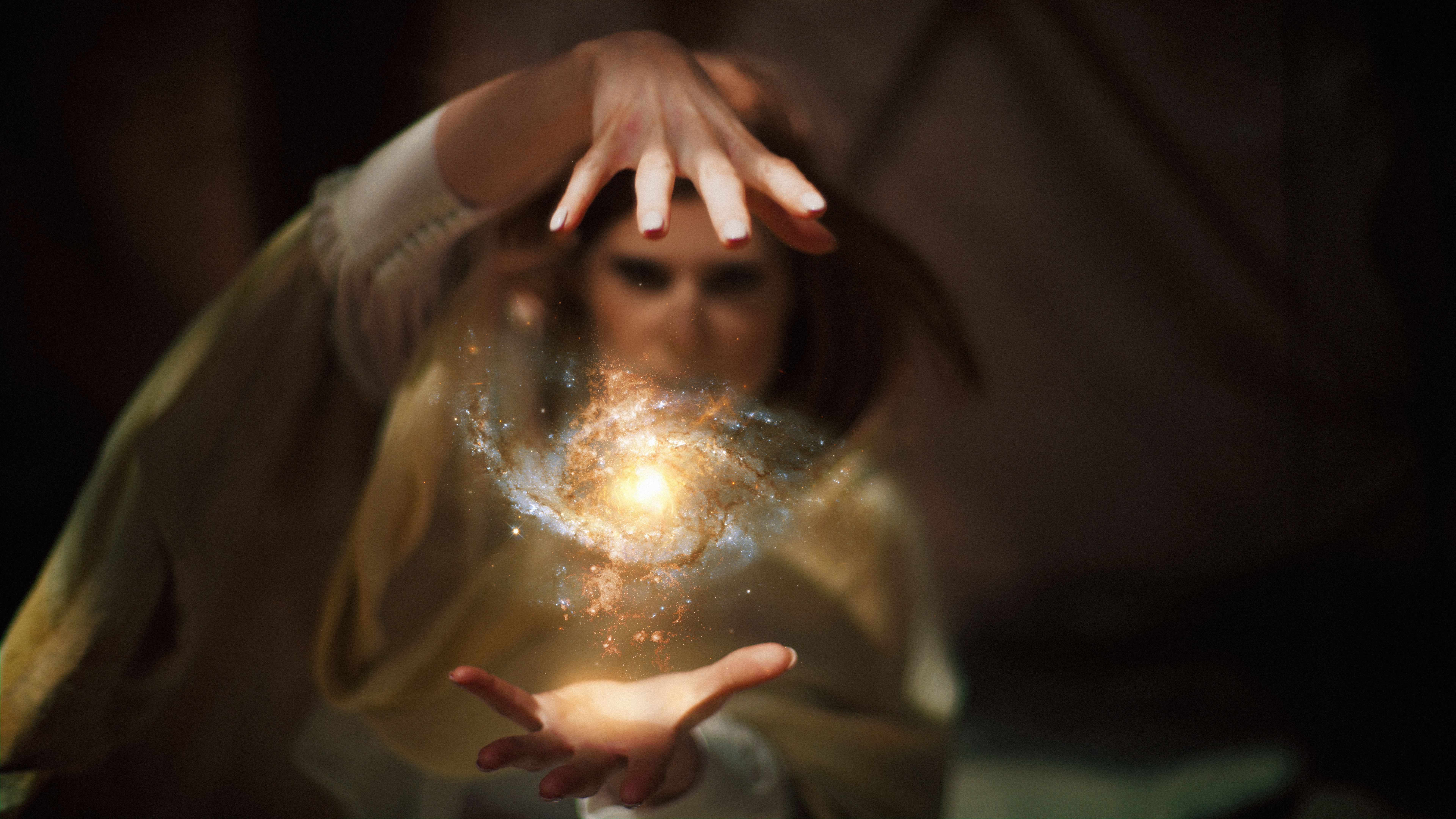 Female shaman bewitching in desert tent. Magical meditation