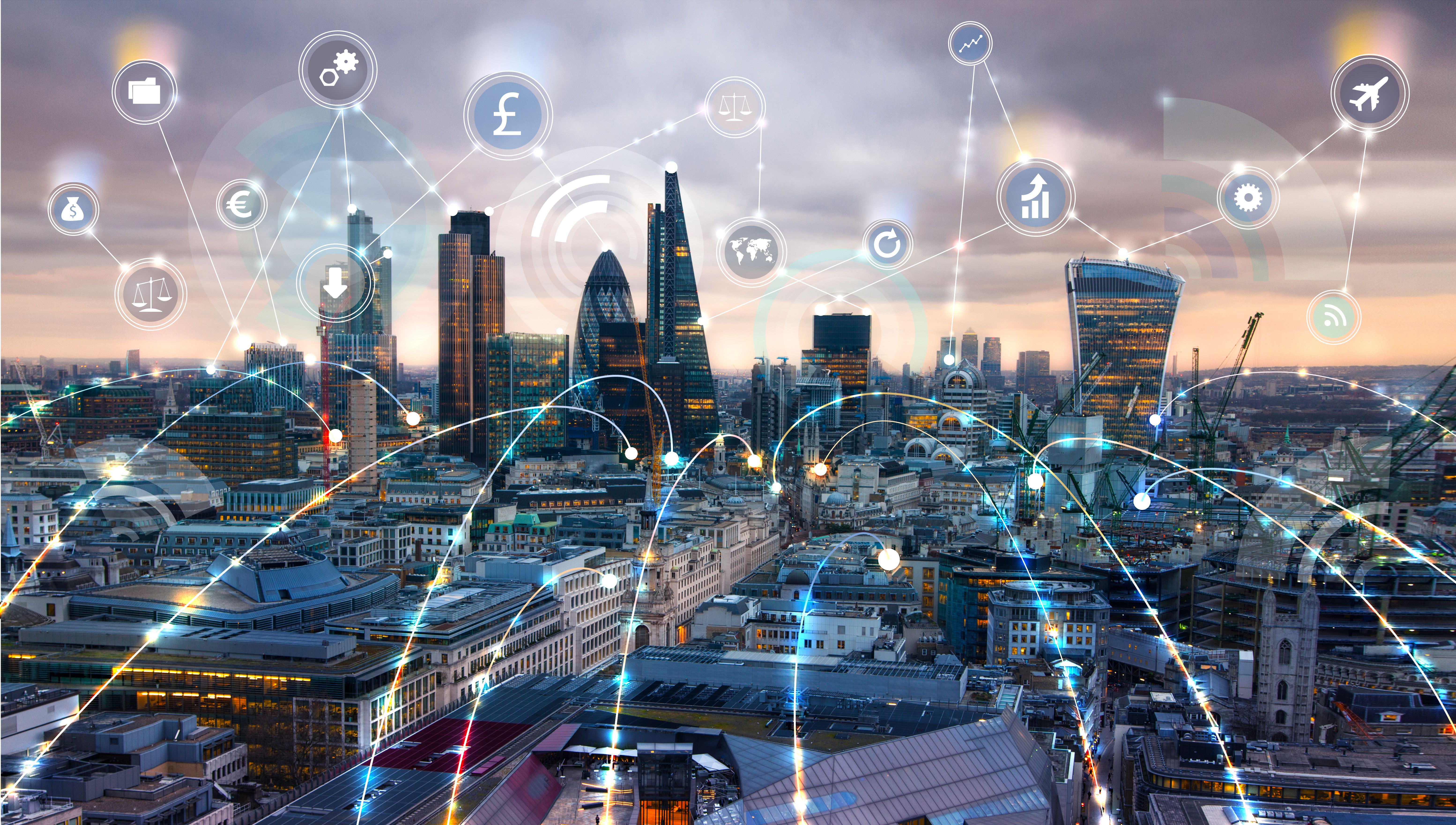 City of London and business network connections concept. Technology, transformation and innovation idea.