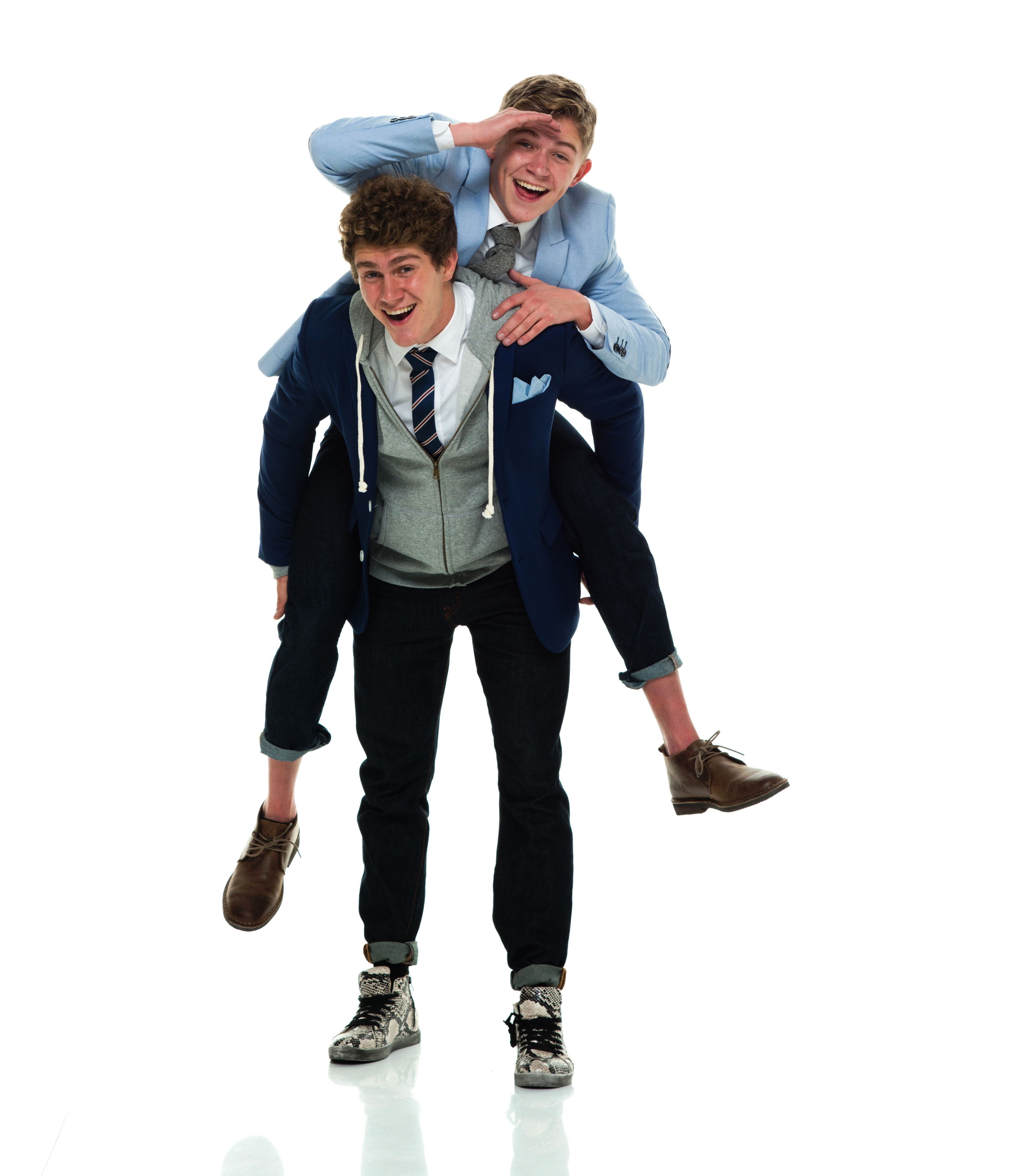 Caucasian male business person doing piggyback wearing button down shirt