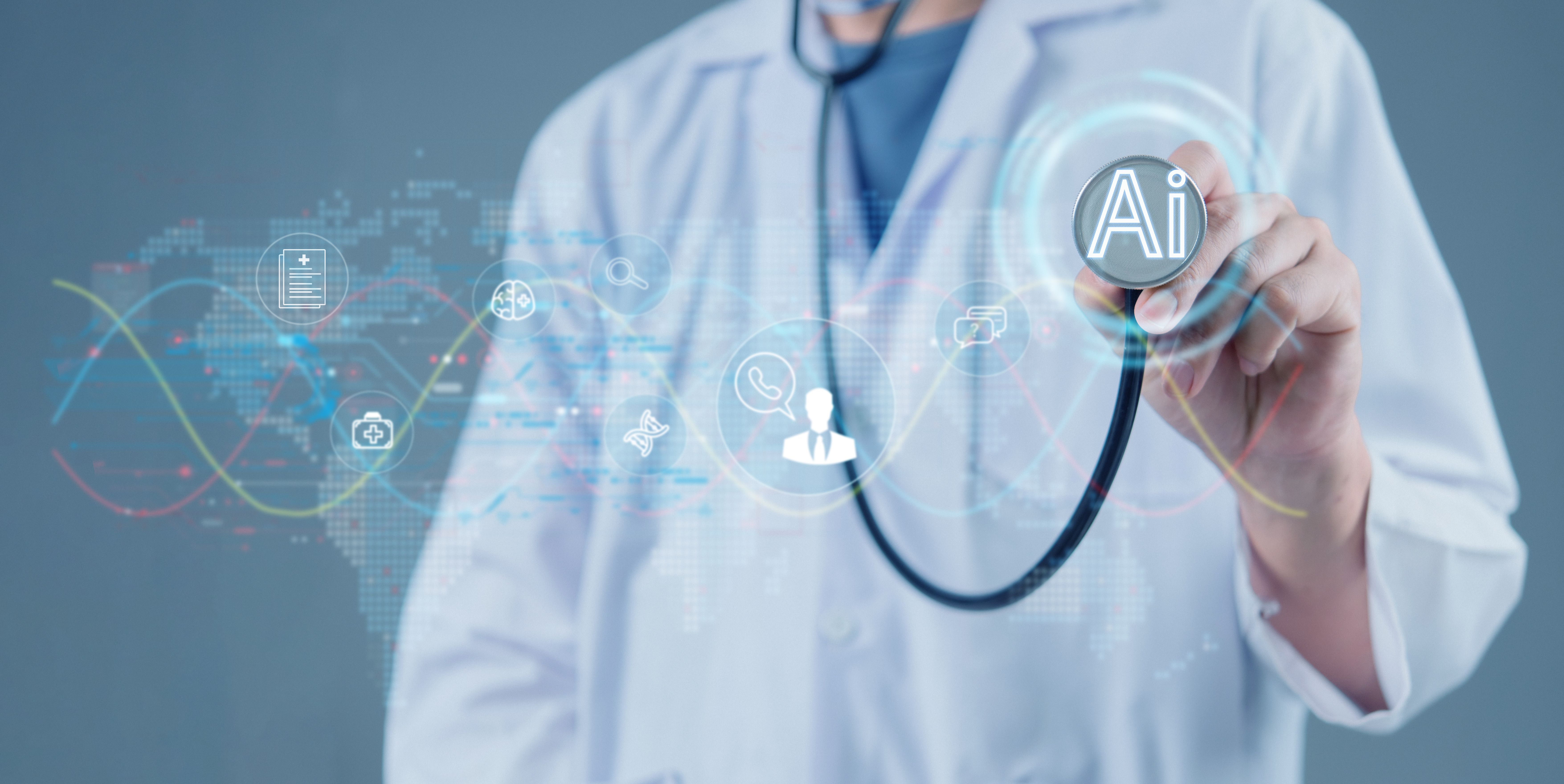 Innovative AI healthcare concept with a doctor holding a stethoscope, digital icons, and futuristic technology background. Perfect for medical and tech visuals.