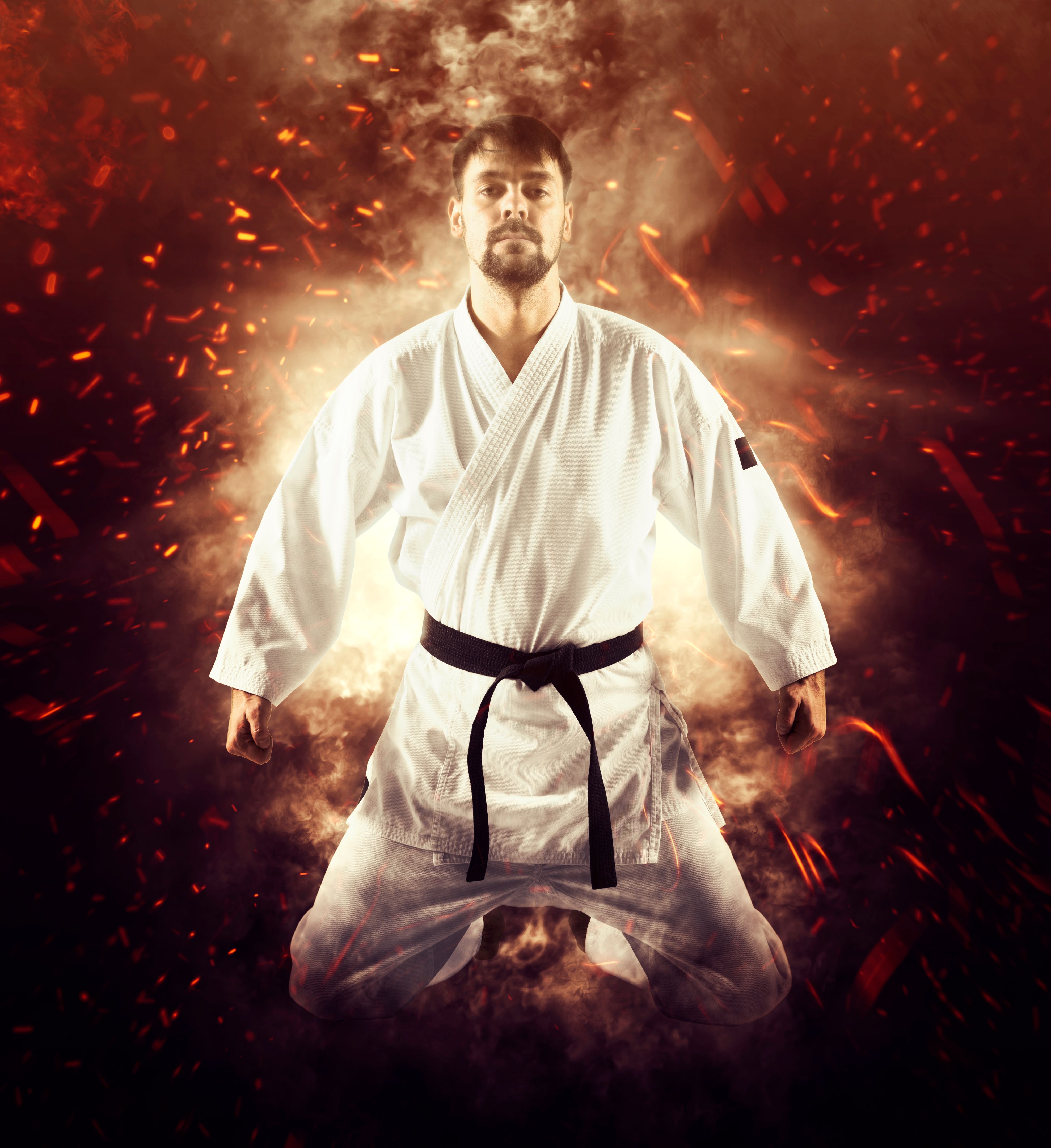 Martial arts masters on fire background