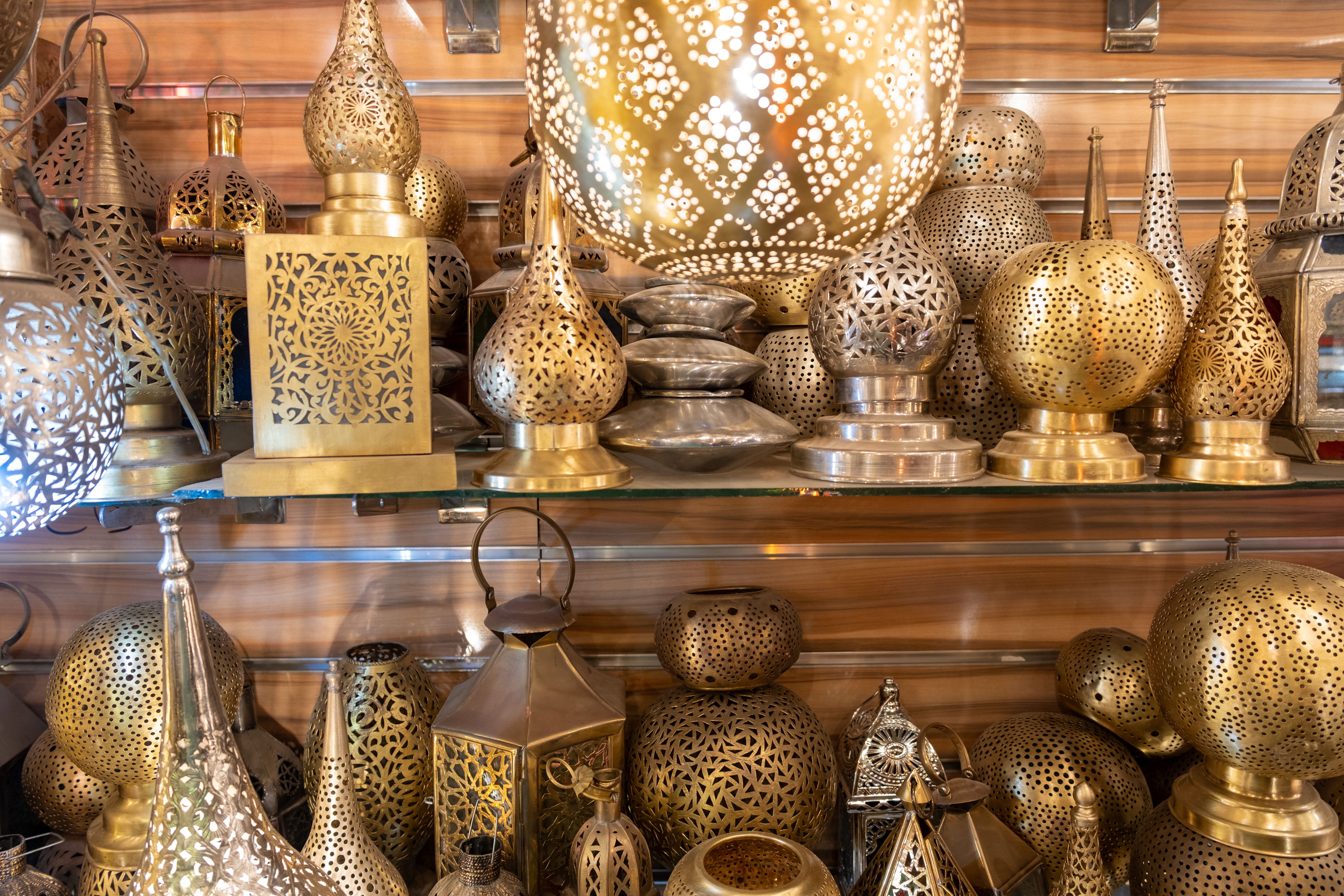 Products and Craft items on display in a Market stall in the Medina and Souks of Marrakesh