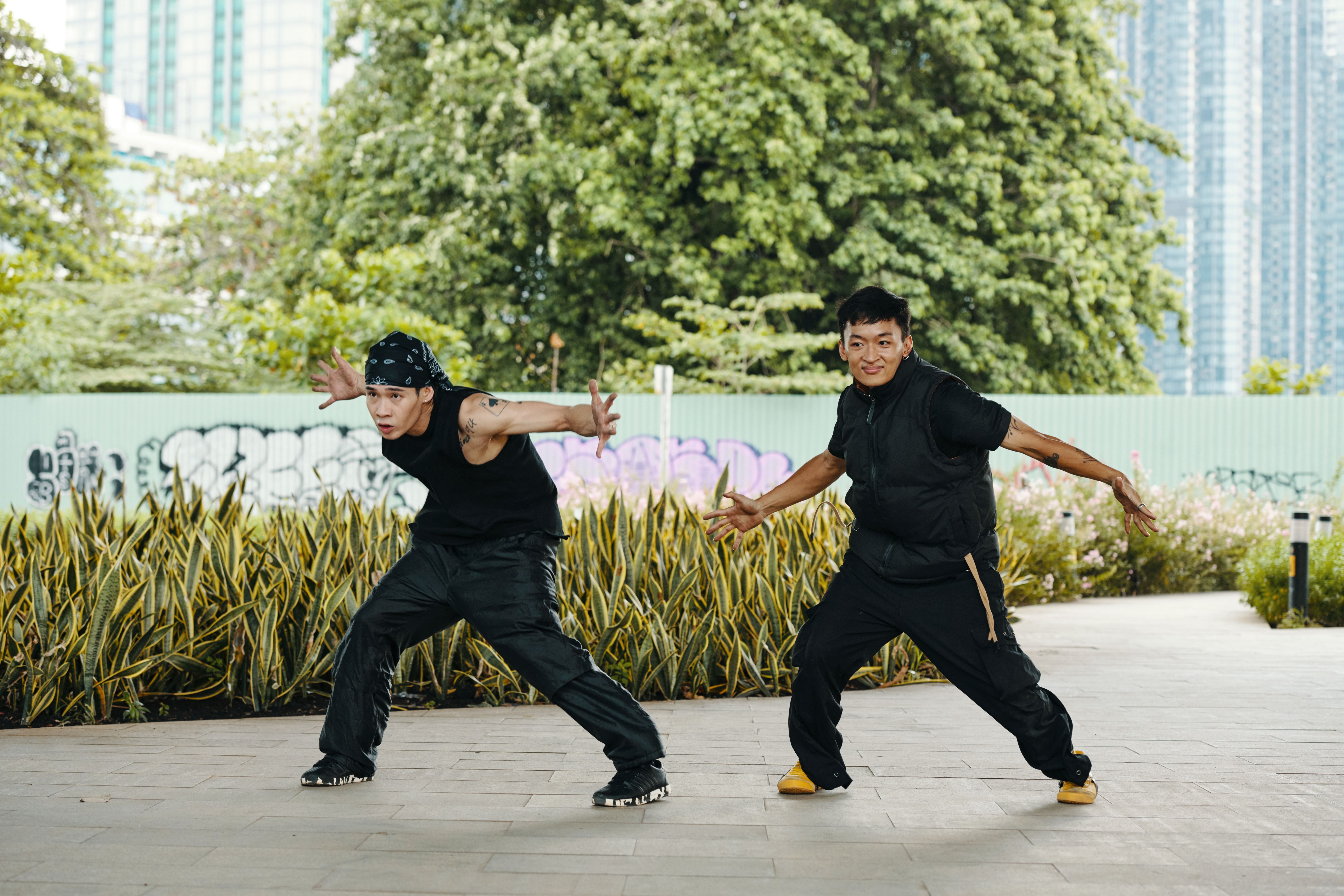 Practicing Martial Arts Moves in Urban Park