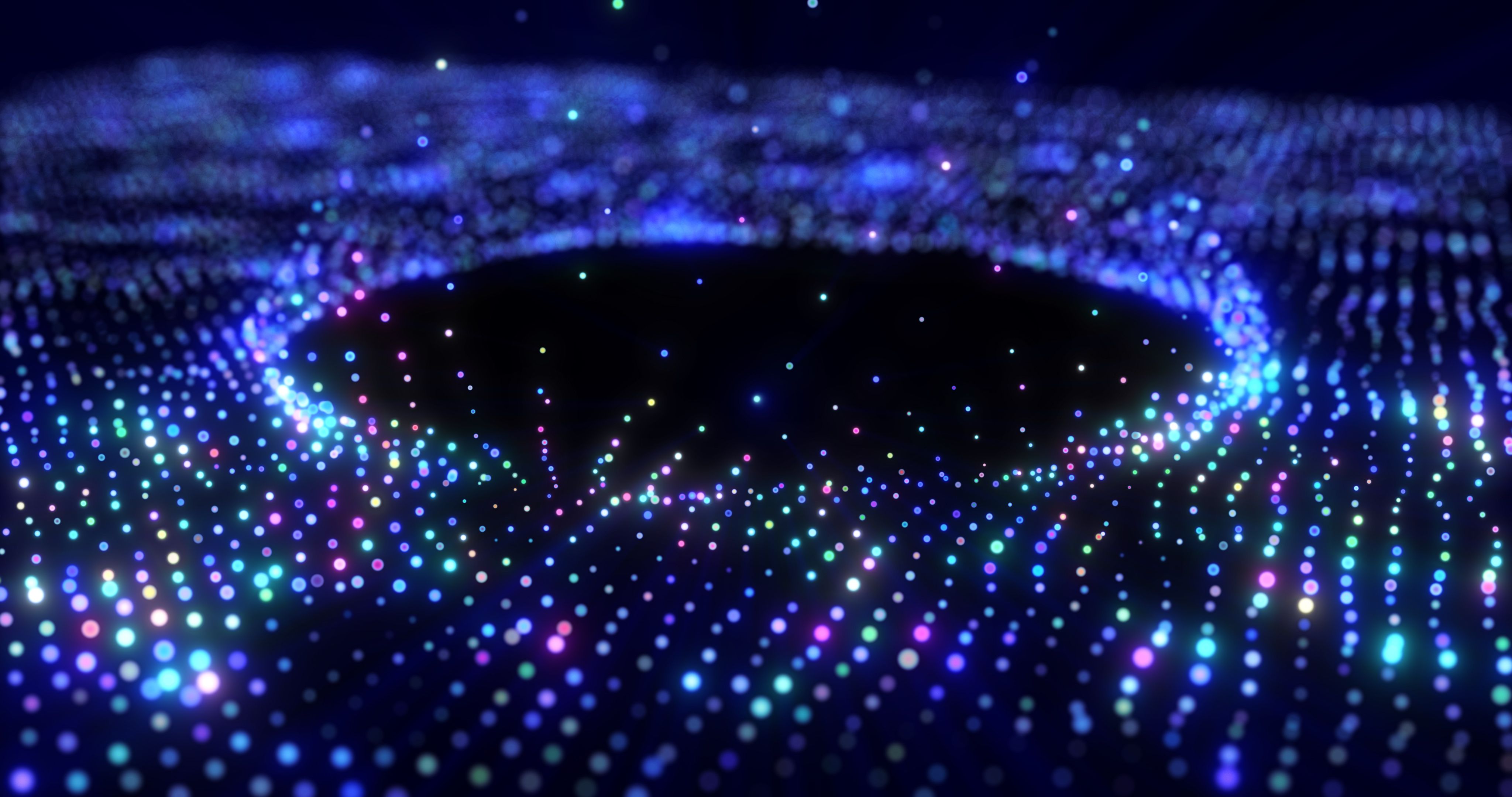 A circle, a funnel of blue waves of lines and particles of multi-colored beautiful bright glowing shiny energy magical. Abstract background A circle, a funnel of blue waves of lines and particles of multi-colored beautiful bright glowing shiny energy magical. Abstract background