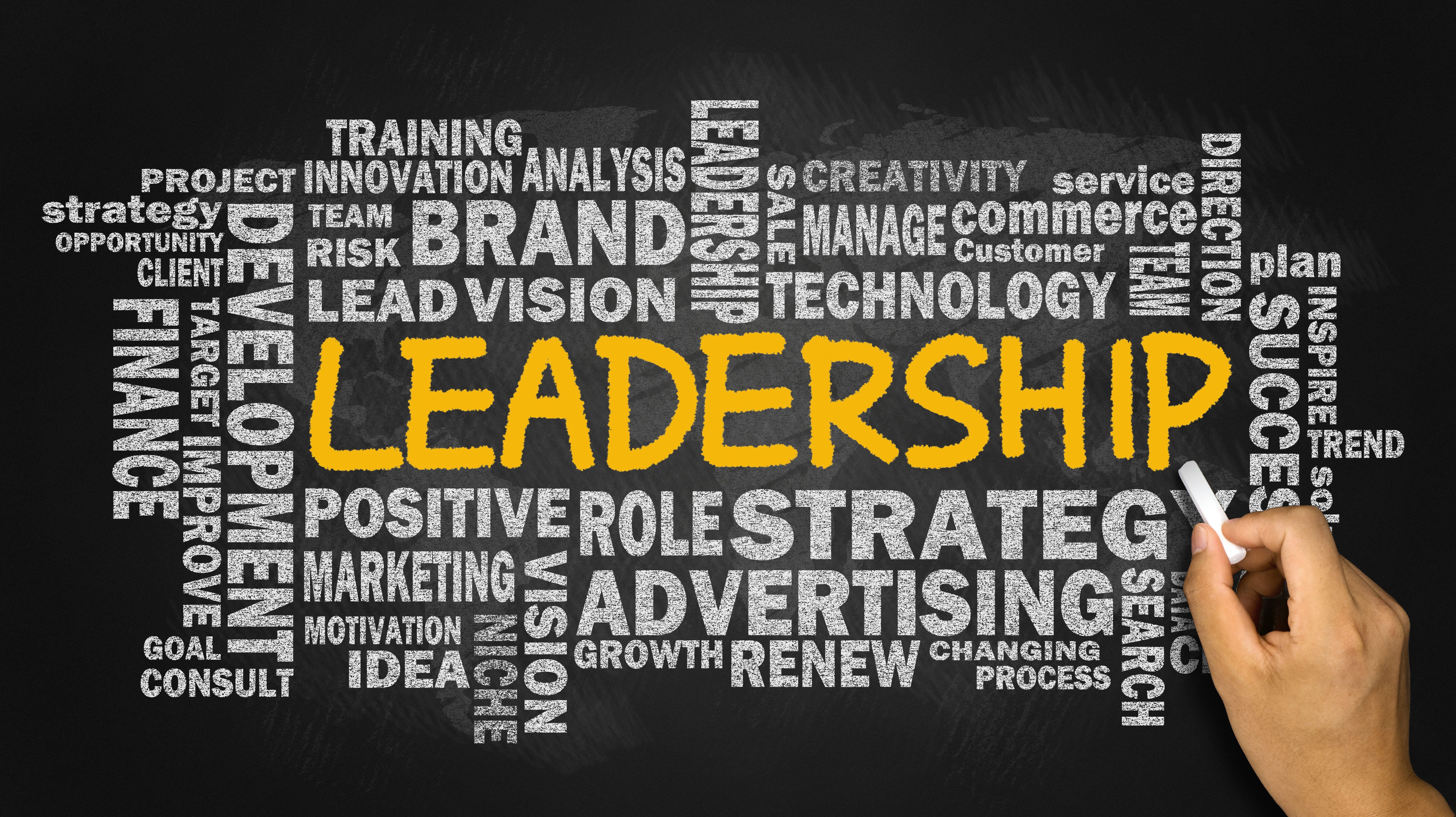leadership with related word cloud handwritten on chalkboard