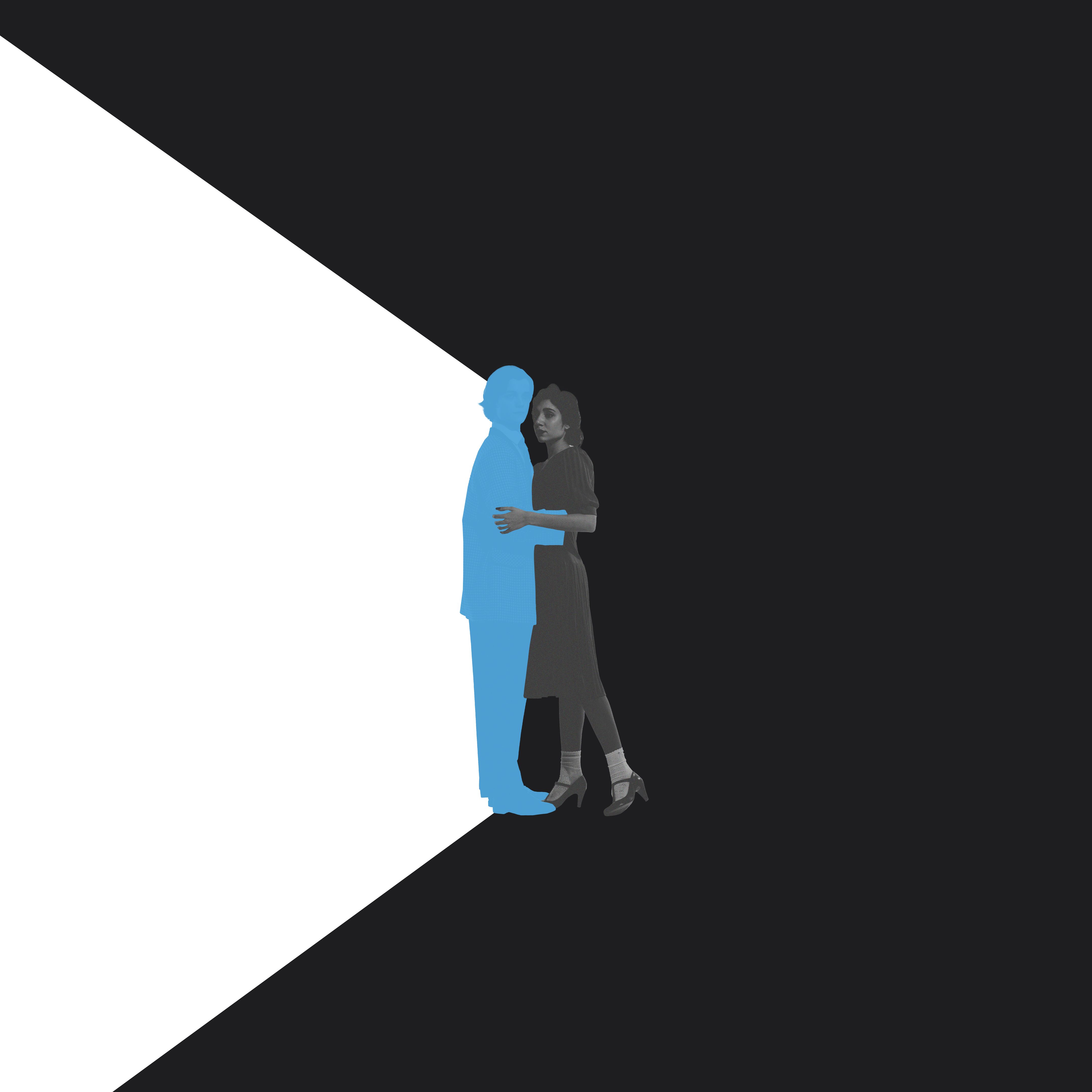 Monochrome image of woman hugging blue male silhouette symbolizing support and acceptance. Conceptual design.