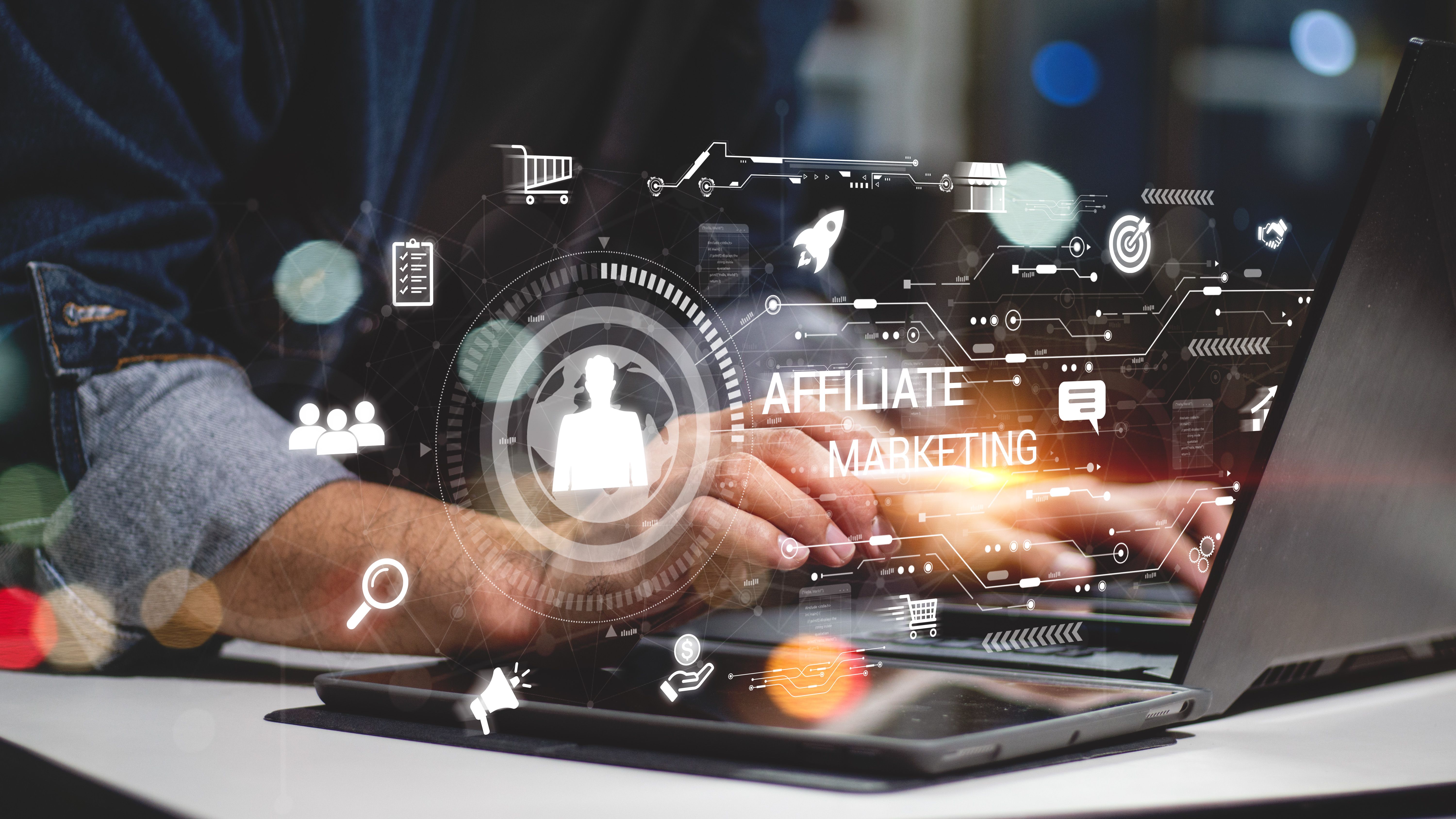 Affiliate marketing, online business model concept. Creating relationships strategy between merchants, affiliates, and customers. Generated revenue by rewarding affiliates for referring customers.