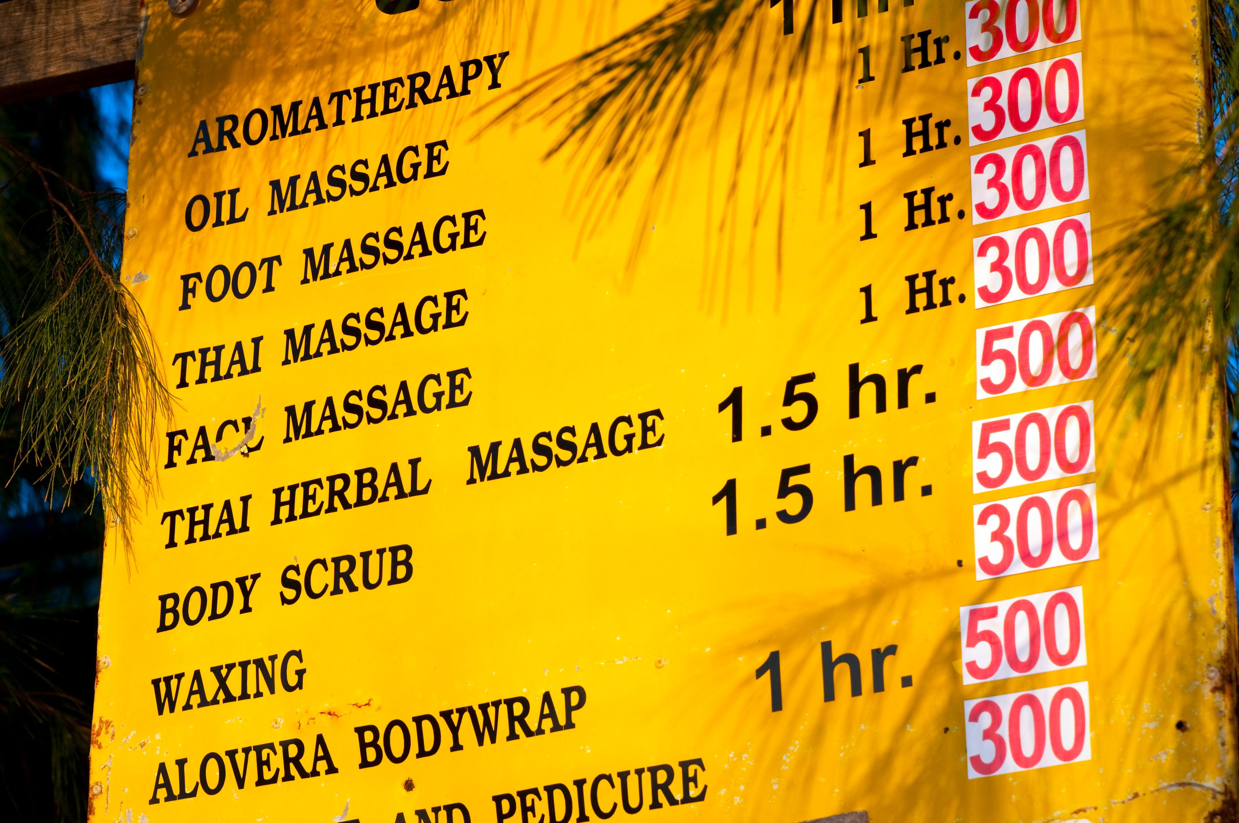 price list massage