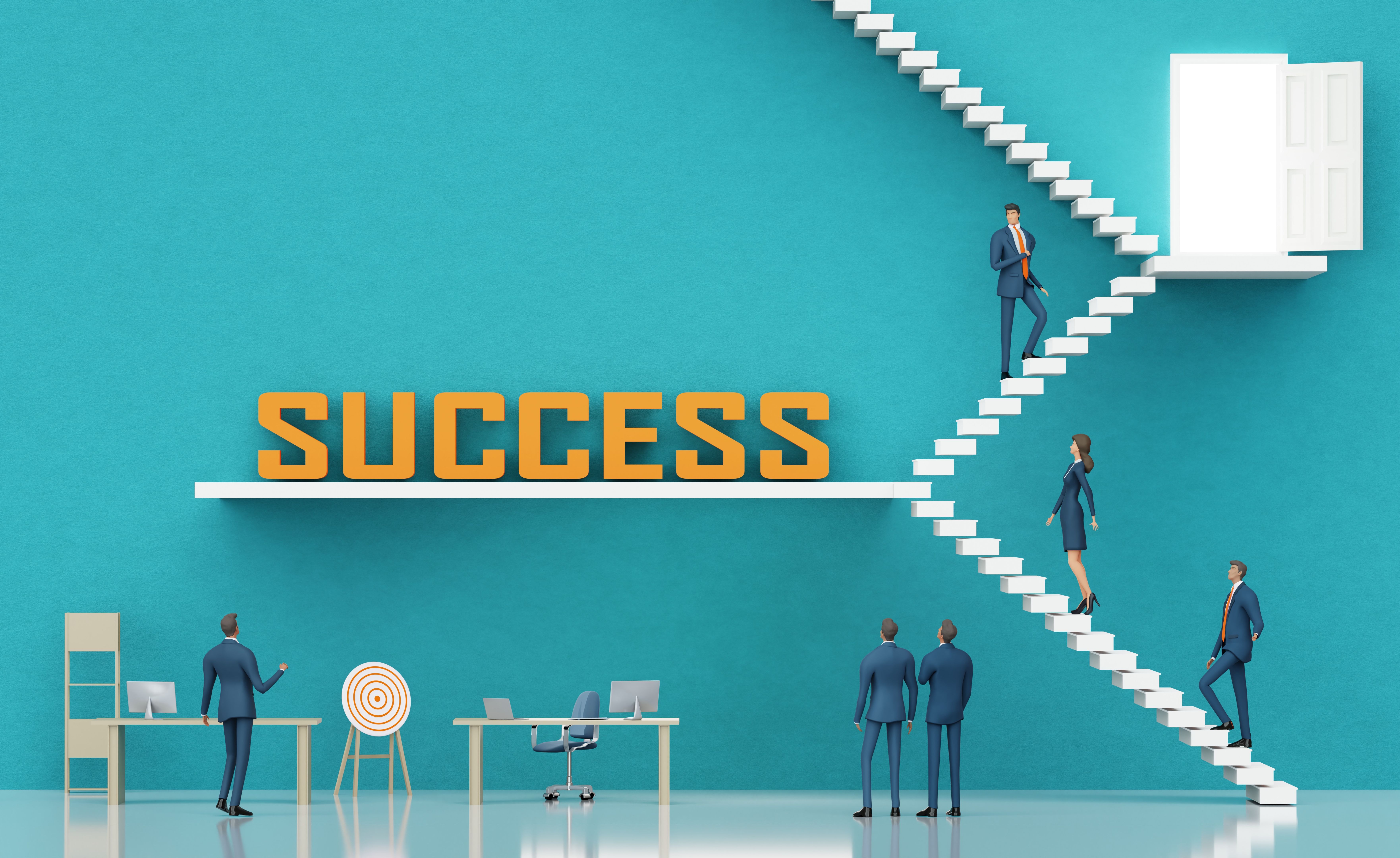Successful business people walking up towards the SUCCESS word, business concept illustration with multiple stair cases representing achievement, way to success and opportunity.. 3D rendering Successful business people walking up towards the SUCCESS word, business concept illustration with multiple stair cases representing achievement, way to success and opportunity.. 3D rendering