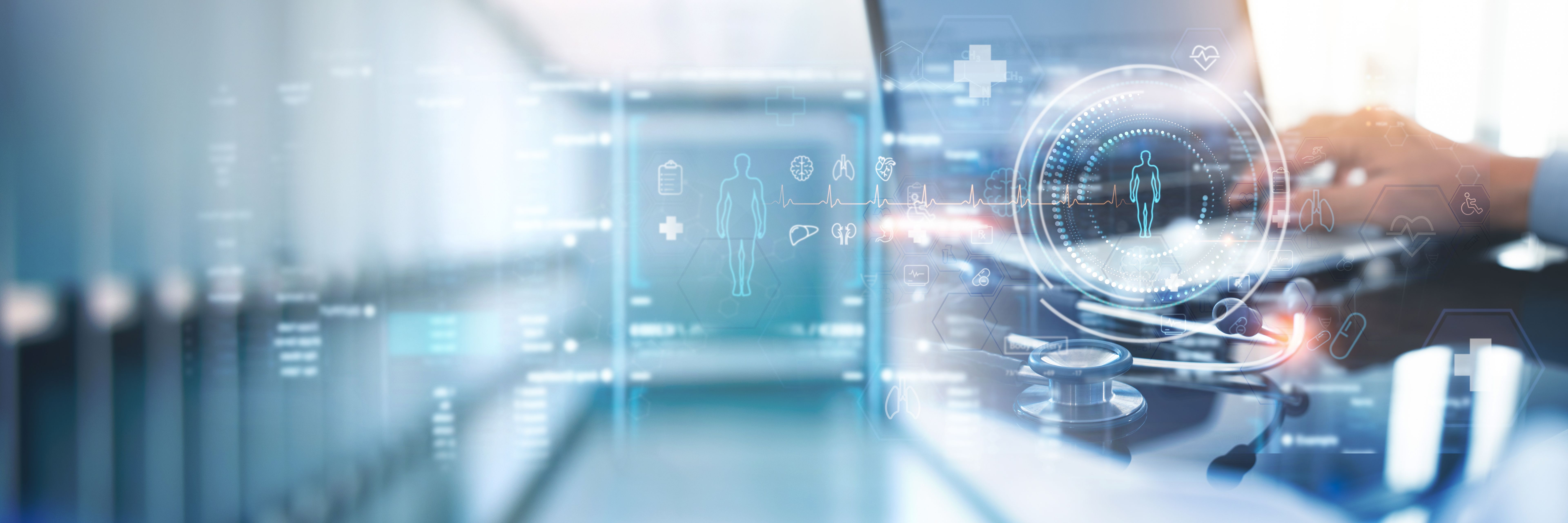 Medical technology with hospital background, telemedicine. Docotr working on laptop computer for digital patient record on medical network, EMRs electronic medical record. Digital healthcare and network connection, Global health care. Medical technology with hospital background, telemedicine. Docotr working on laptop computer for digital patient record on medical network, EMRs electronic medical record. Digital healthcare and network connection, Global health care.