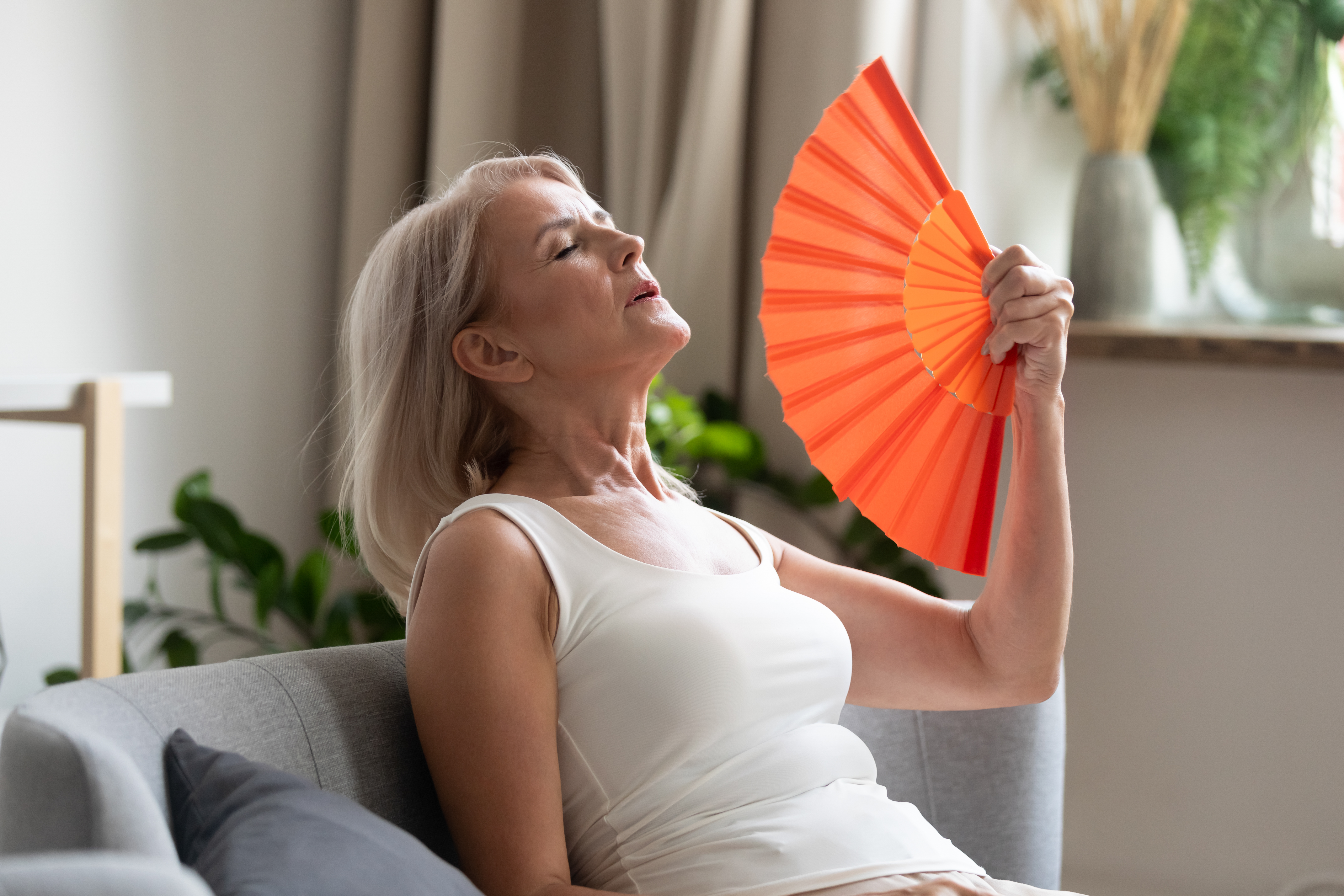 Stressed old woman waving fan suffer from overheating at home Stressed old woman waving fan suffer from overheating at home