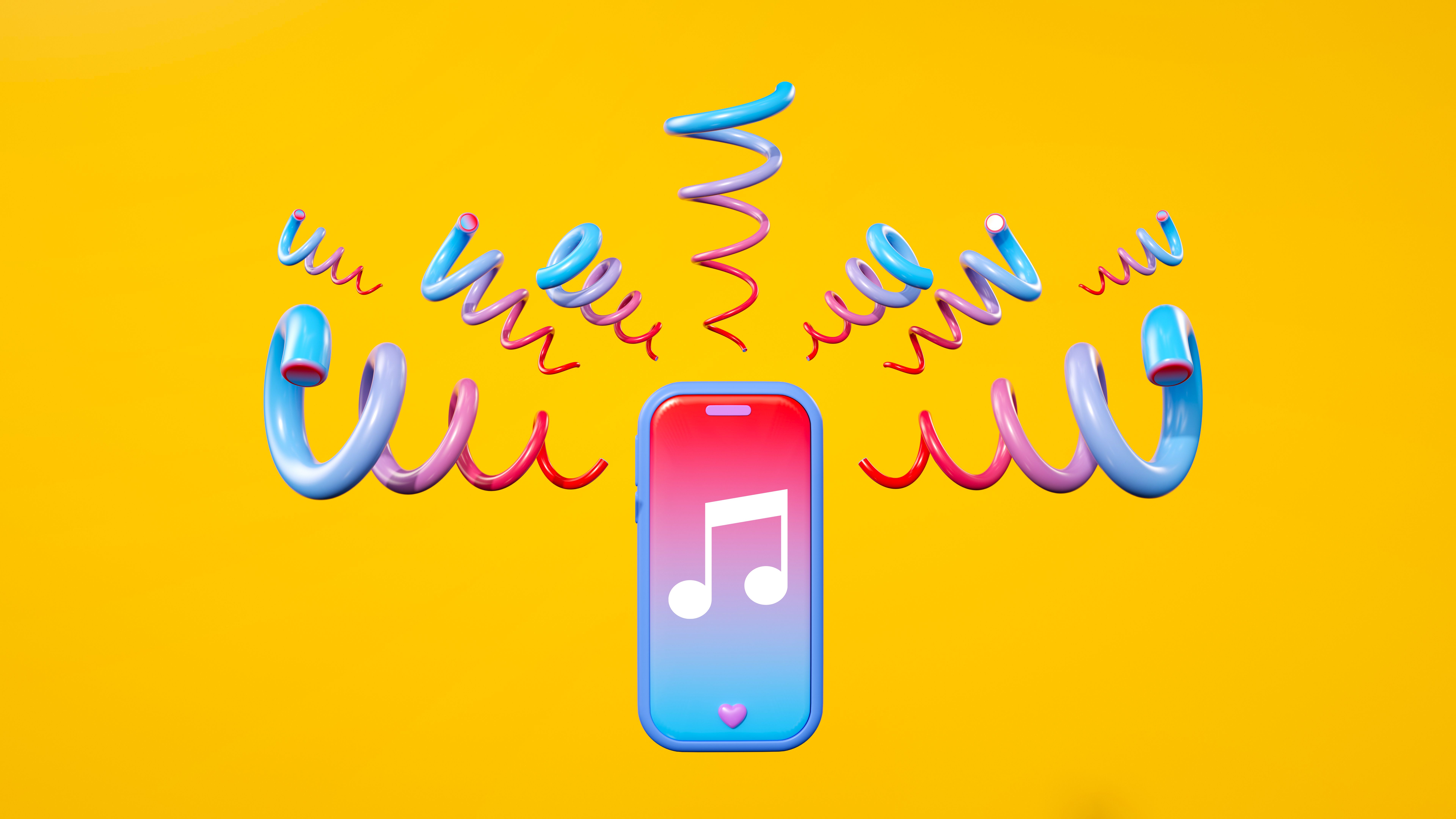 Stylized Smartphone Music Note Icon: Gradient Blue-to-Pink Design with Abstract Curly Lines on Vibrant Yellow Background, Playful 3D Rendering with Whimsical and Minimalist Aesthetic